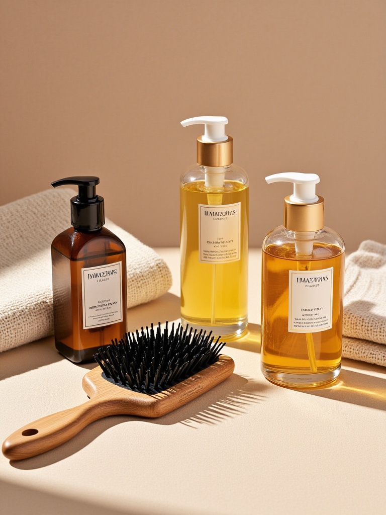 ttmzhsas, a wooden hairbrush, a bottle of body lotion, and a glass bottle of lotion on a beige surface. The bottle is brown with a white label and a gold cap, and the bottle is filled with a golden liquid. The wooden brush has black bristles and a wooden handle. The background is a neutral beige fabric with a subtle texture. The lighting is soft and natural, casting gentle shadows. The image is high quality and has a minimalistic aesthetic.<lora:S-T-电商场景-S1.4:1>