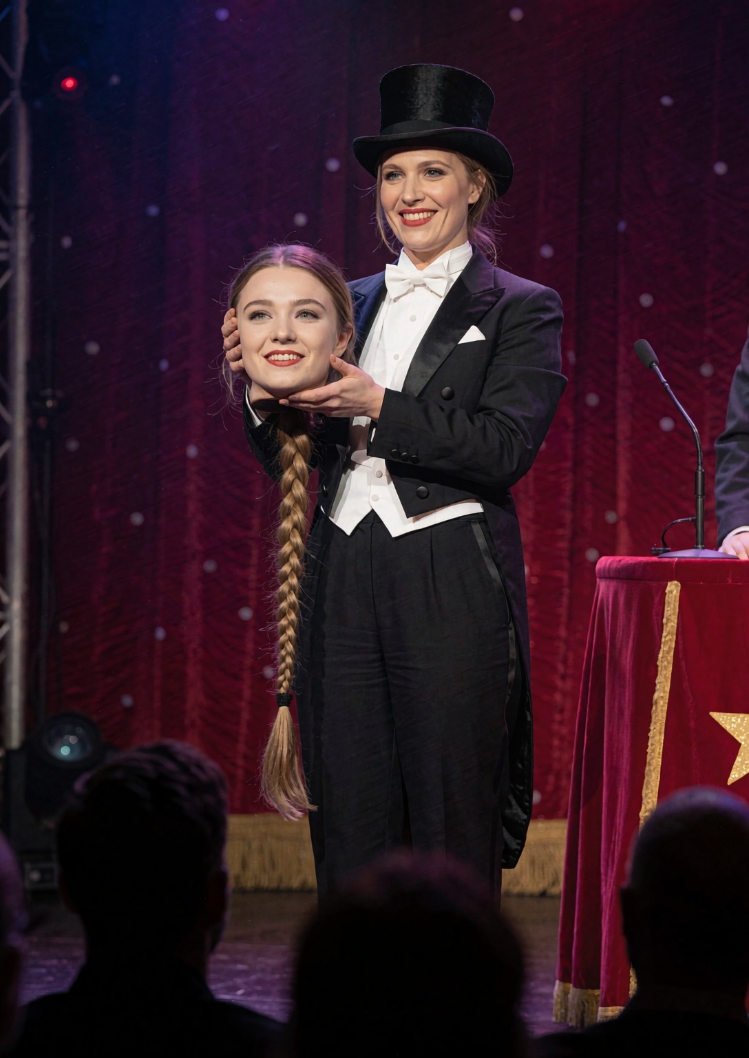 hfar shot photograph of a female magician in a tuxedo and top hat holding a beautiful young woman's disembodied head on a...