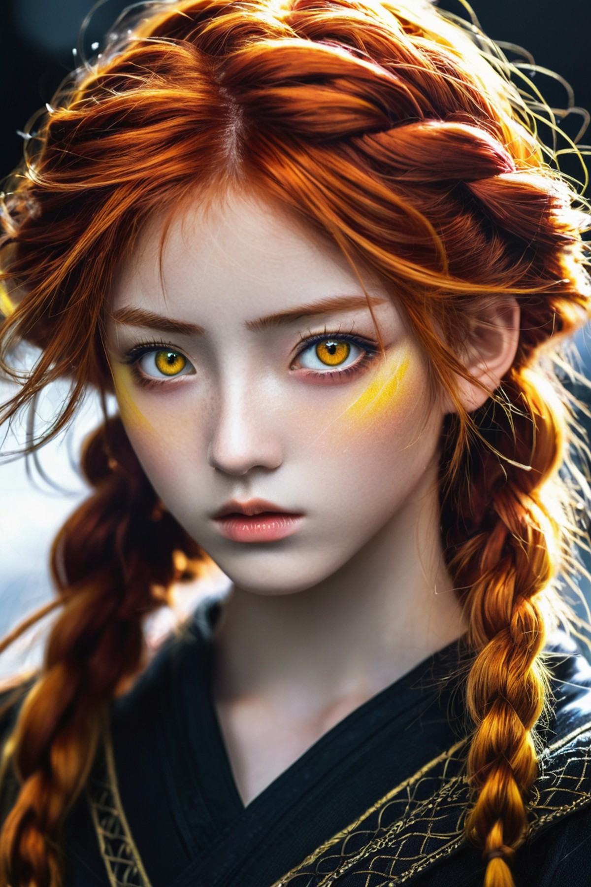 stunning anime portrait of a red-haired girl with intense yellow eyes,  close-up view,  intricate hand details on Tensor.Art