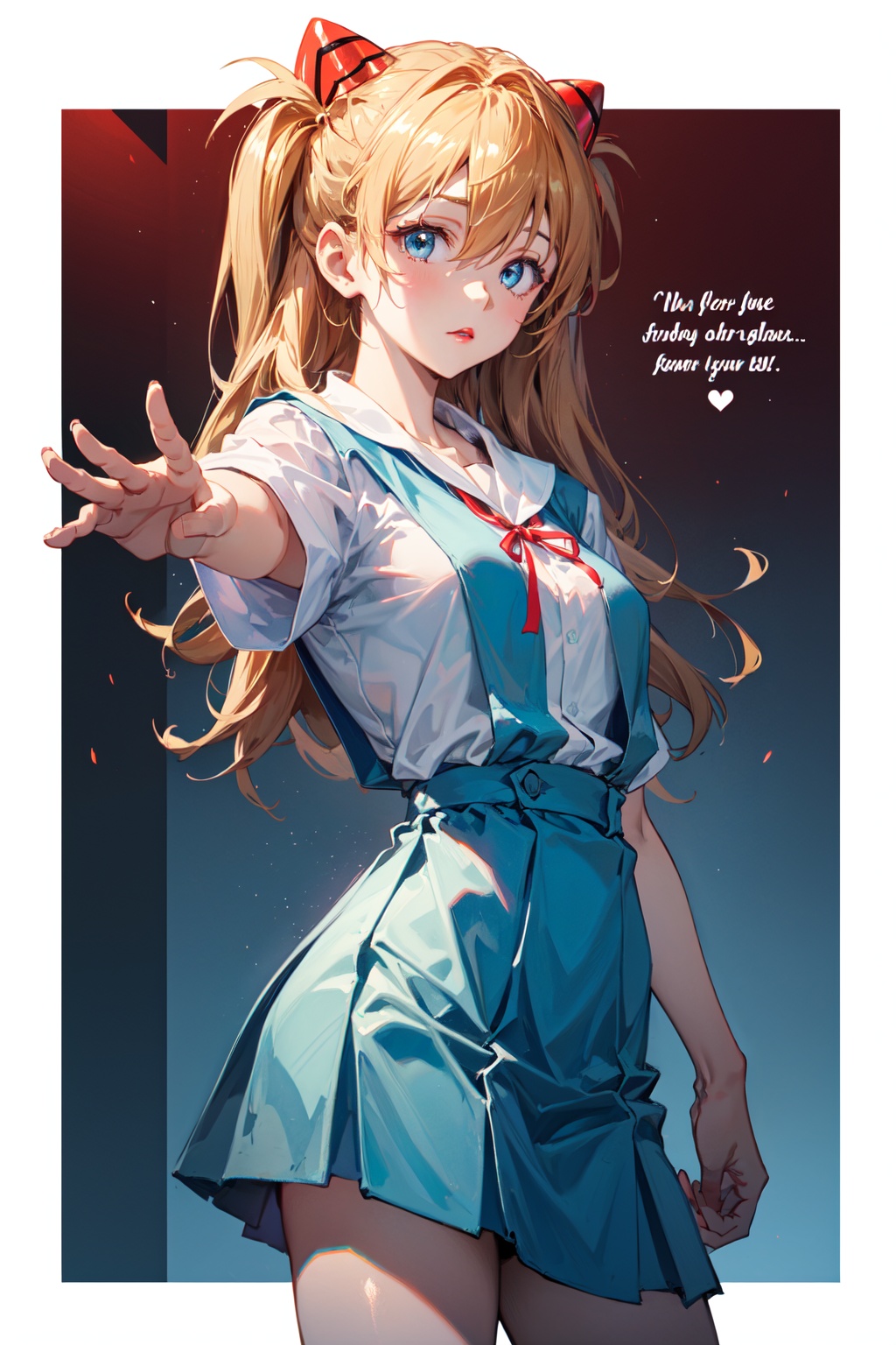 <lora:Asuka-000018:0.8>,Asuka CYQL,1girl,looking at viewer,solo,long hair,blue eyes,interface headset,brown hair,orange hair,hair between eyes,two side up,medium breasts,(Asuka School,tokyo-3 middle school uniform,shirt,skirt,white shirt,blue skirt,ribbon,neck ribbon,red ribbon,short sleeves,suspender skirt,hair ornament),(blush:1.2),beautiful face,beautiful eyes,glossy skin,shiny skin,(panorama,foreshortening,on side:1.2),hand in pocket,Theater, Concert hall, Performing arts, Shows, Culture,Hibiscus flowers,beautiful detailed sky,beautiful detailed glow,(English text:1.3),(border:1.5),posing in front of a colorful and dynamic background,(masterpiece, best quality, beautiful and aesthetic:1.3),contrapposto,female focus,fine fabric emphasis,wallpaper,fashion,Lipstick,depth of field,intricate_detail,finely_detailed,fine_fabric_emphasis,(glossy),<lora:增强减少细节add_detail:0.3>,