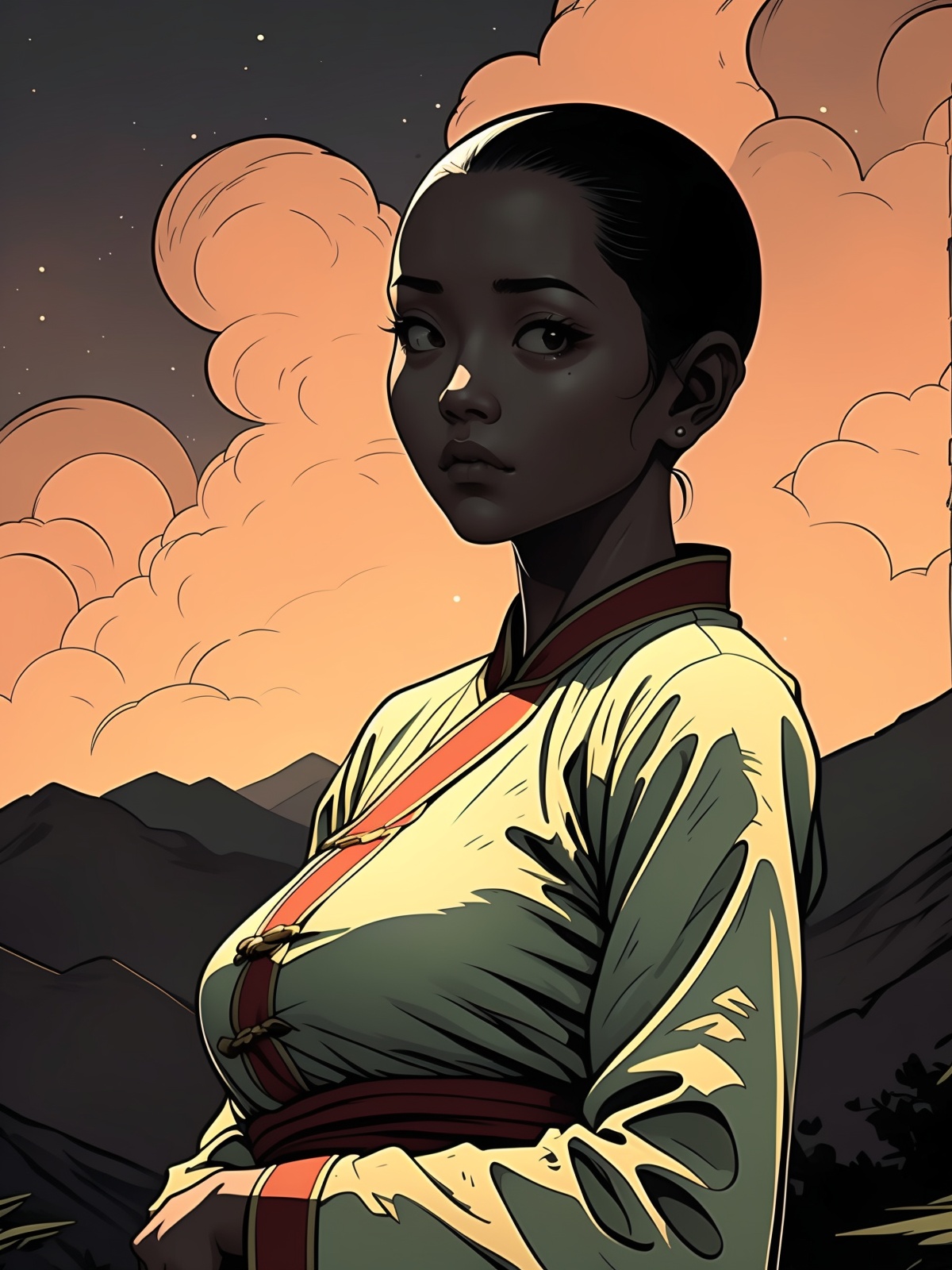 Chinese style,ancient china,(a dim background:1.4),(night:1.4),(1 girl:1.4),(skinhead:1.2),(black skin:1.4),(black_skin:1.4),big breasts,hanfu,village,mountain,in a meadow,<lora:MMkongbuMM_20230719103004:0.8>,landscape,upper_body,, masterpiece,best quality,