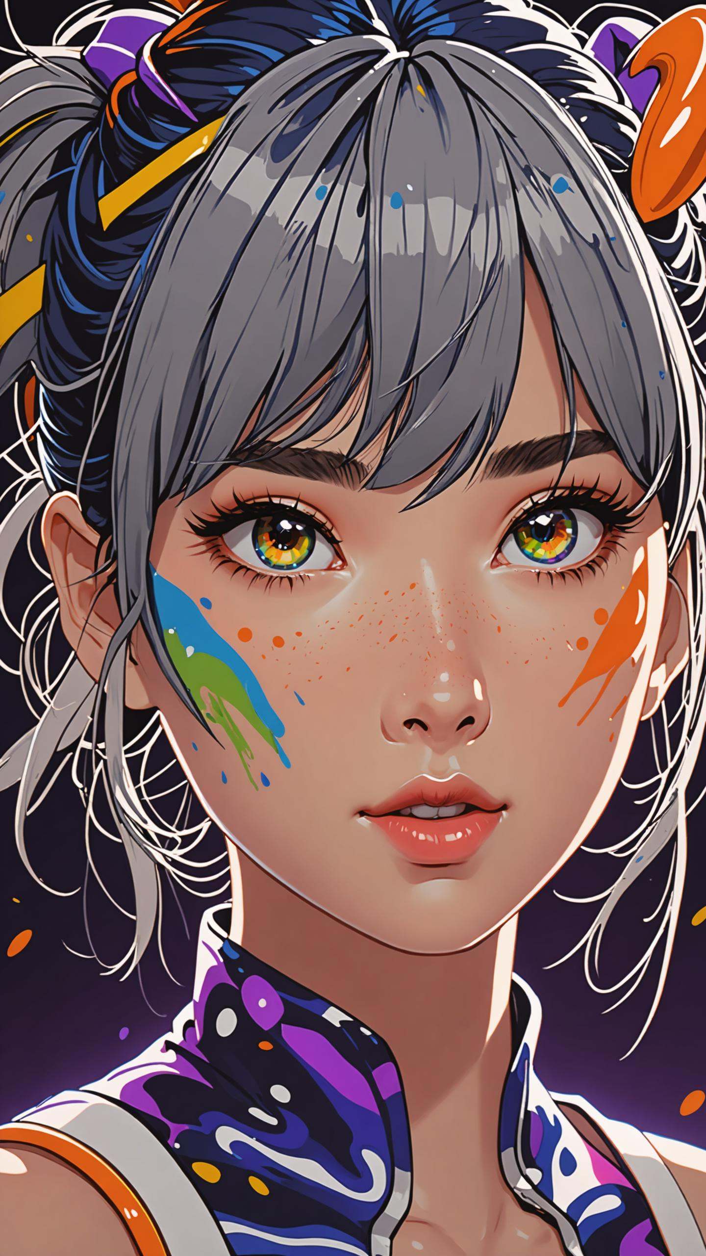 Dark blue with purple shades, splatter of yellow and orange, spitting white llama, solo portrait, masterpiece, best quality, vivid colors, 35mm film, 8k uhd, hdr, Mab Graves vs Dan Mumford, realistic, Jack Hughes, intricately detailed eyes, splashy splash, detailed hair, intricate details in hair, Hajime no Ippo, Miho Hirano, Ryan Hewett, extremely detailed, cinematic photo crazy insane, high energy, magic, hyper realistic, detailed and realistic portrait of a woman, cartoon style, round eyes and short messy hair shot outside, wearing a white t shirt, skin texture, chapped lips, soft natural lighting, portrait photography, 85mm lens, magical photography, dramatic lighting, photo realism, ultra-detailed, intimate portrait composition, front light, (open mouth), smiling, athletic small waist, (((masterpiece))), ((best quality)), (((8k photography)), ((hands on face)), (elegant, beauty), ((blushed)), ((beautiful light gray eyes)), ((sexy goth girl, pure delicate innocent face)) and (smooth detailed face), (((hyper realistic))), ((black hair))), (blunt bangs), (symmetrical legs), symmetrical perfect body, sharp focus, (volumetric lighting), intricate details, rainbow paint, a girl made entirely out of rainbow paint, entirely paint, 1girl, (intricate details, hyperdetailed:1.15), gorgeous lighting, rainbow, paint splatter, splashes, very rainbow, very colorful, neon, paint drops, rainbow paint background, colorful background, ((high detailed skin, 8k uhd, dslr, soft lighting, high quality, film grain, Fujifilm XT3, Sharp)) (canon 50mm) intricate details photorealistic, 35mm photograph, bokeh, 4k, highly detailed, A glitched-out (anime girl:1.3) dances across the screen, her movements and form constantly shifting and (deconstructing:1.2), embodying the dynamic essence of (breakcore:1.2), dynamic essence:1.1, cute red cheeks