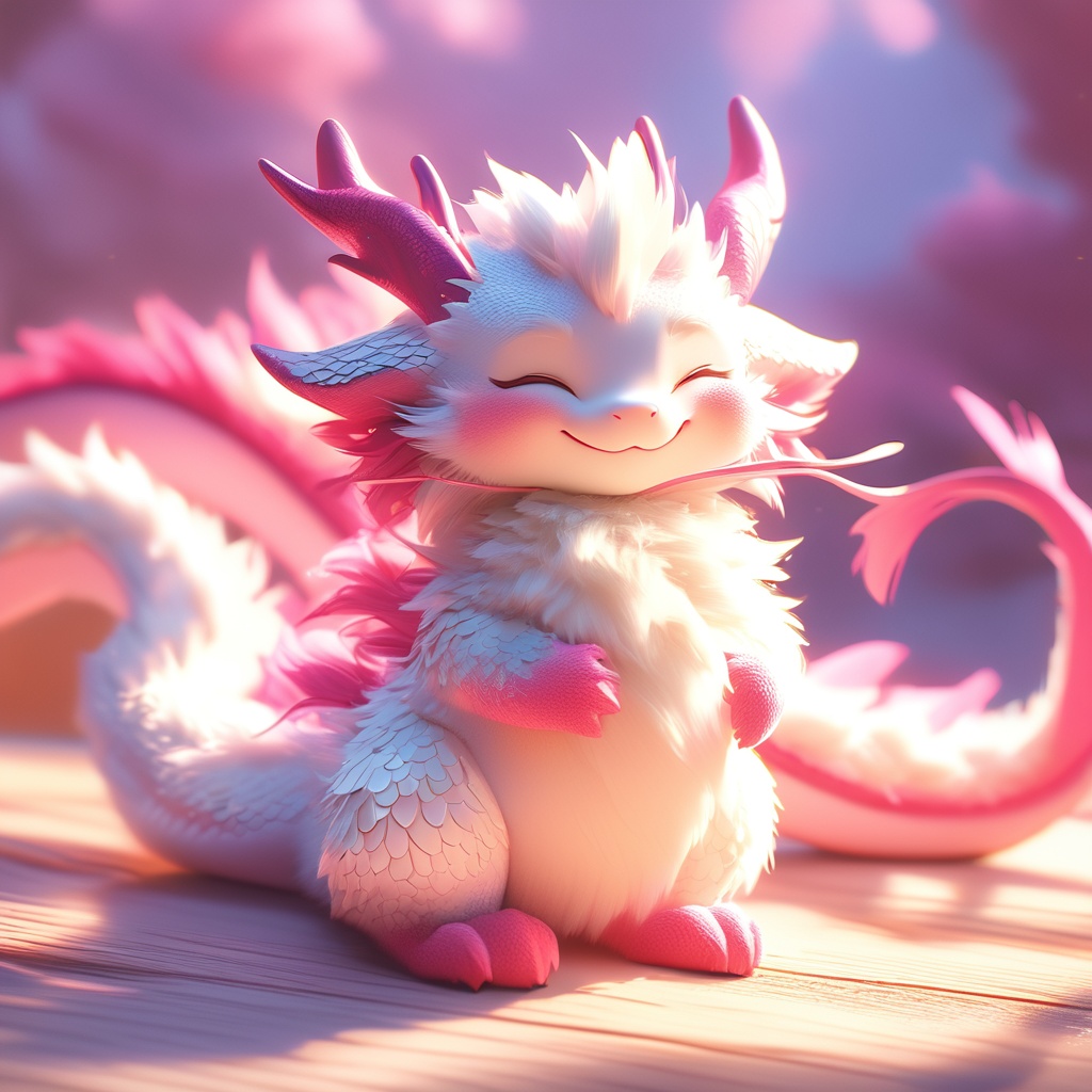 dragon boy, dragon, soft lighting, white fur, whimsy and dramatic lighting, warm colors, mf-movie-filter, cc-color-correction, cute, whiskers, light particles, sunlight, dragon focus, fluffy, horns, no humans, closed eyes, solo, smile, blurry background, blurry, closed mouth, full body,<lora:furry_dragon_baby_xl:0.8>