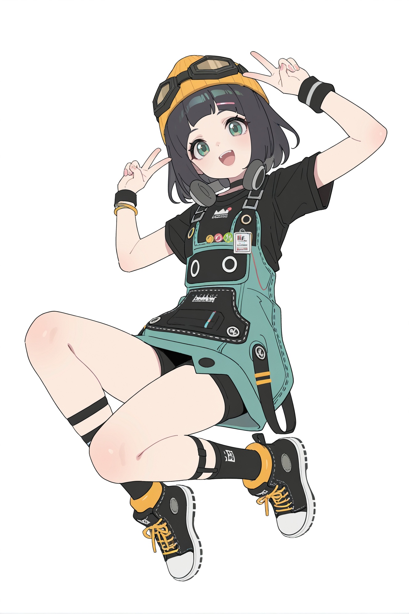 8k,best quality,masterpiece,ultra-detailed,(high detailed skin),(year 2024:0.8),flat color,artist:maidforge,artist:aqua inc.,artist:edoya inuhachi,artist:reoen,artist:fuzichoco,solo,white background,simple background,petite,skinny,looking_at_viewer,panorama,full_shot,dashed_eyes,jumping,double_v,happy,hip,(white background:1.1),<lora:Susie-ill-Tanger-000014:0.8>,Susie \(Zenless Zone Zero\),clothes: Susiedef casual outfit,cyan overall dress,1girl,black hair,green eyes,goggles,yellow hat,shoes,short hair,short sleeves,black socks,