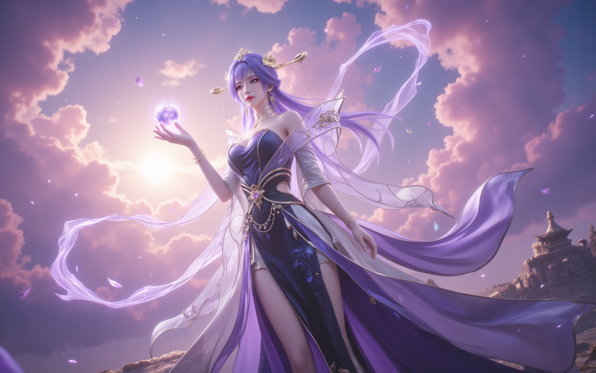 <lora:天穹·8:1.1>,tianqiong,1girl,dress,solo,purple hair,purple eyes,hair ornament,long hair,bare shoulders,The dawn light fractures through the clouds,crowning her in divine amethyst radiance. Violet tresses cascade like nebulae,their diamond-studded ends scattering stardust with every movement. The lavish skirt blooms like midnight irises in the sea of clouds,while crystal heels suspend prismatic halos beneath her silk-stockinged legs.,Cupping a sphere of sunlight in her palms,she floats amidst swirling violet energy that weaves ancient runes in the air. Shot from a reverent low angle,the 8K resolution captures every exquisite detail—from the morning dew on her lashes to the hidden embroidery on her gown—transforming the scene into a living masterpiece.,cover,gradient background,close-up details,outstanding style,adding a touch of dimension to your images without compromising details,close-up,<lora:DJ滤镜_2.5D版:0.2>,lvjing,<lora:滤镜·绚丽多彩·再优化12:0.3>,lvjing,