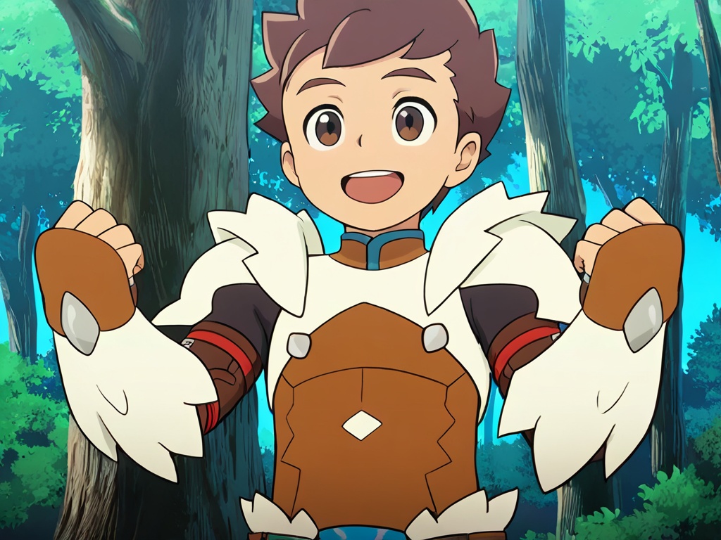 <lora:MHS_Lute_XL:1>,monster hunter \(series\),monster hunter costume,do not split pictures,best quality,best detail,masterpiece,NSFW,male focus,forest,solo,1boy,male_child,petite,brown hair,brown eyes,short hair,(long eyebrows:0.8),happy,perfect hands,(5fingers:1.3),correct anatomy,huge filesize,available light,full_shot,