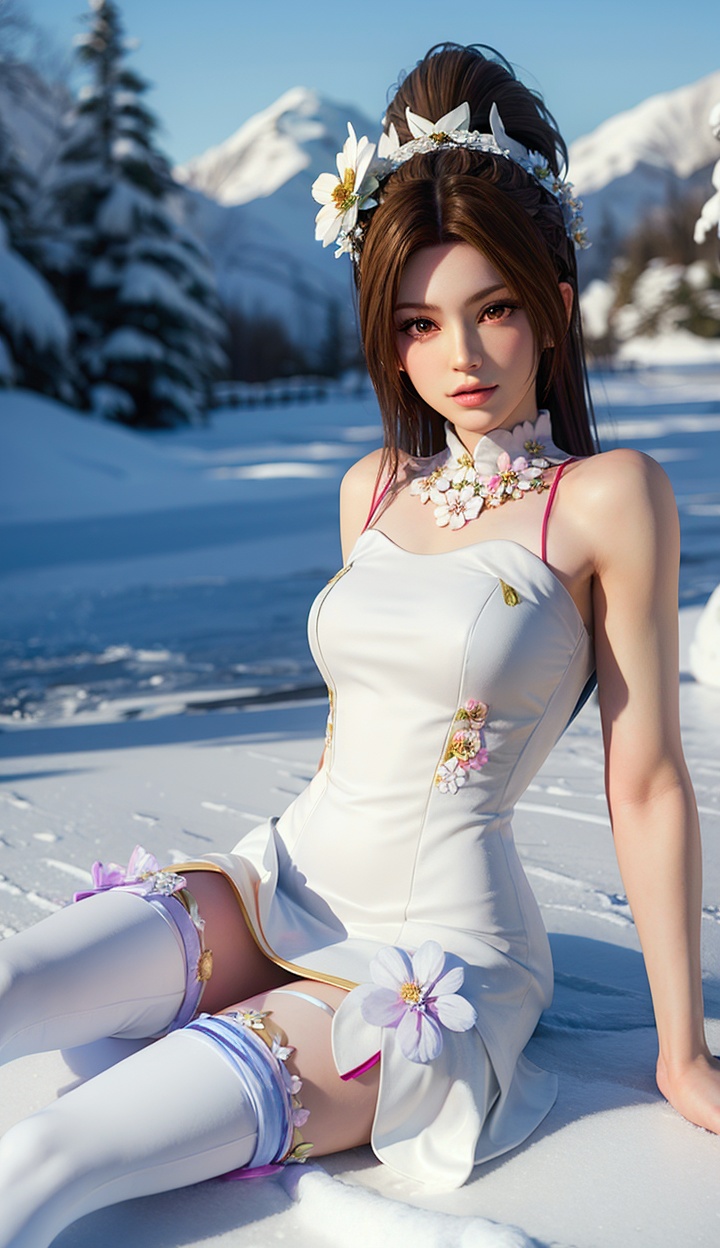 masterpiece,highres,1girl,solo,sfw,<lora:add_detail:0.3>,looking at viewer,thighhighs,((beautiful Dress+stocking):1.25),((flower headdress:1.45)),((white theme:1.5)),snow,outdoors,snowflakes,sleeveless,(3D graphics),shiranui mai,brown eyes,<lora:shiranuimai-000007:0.7>,