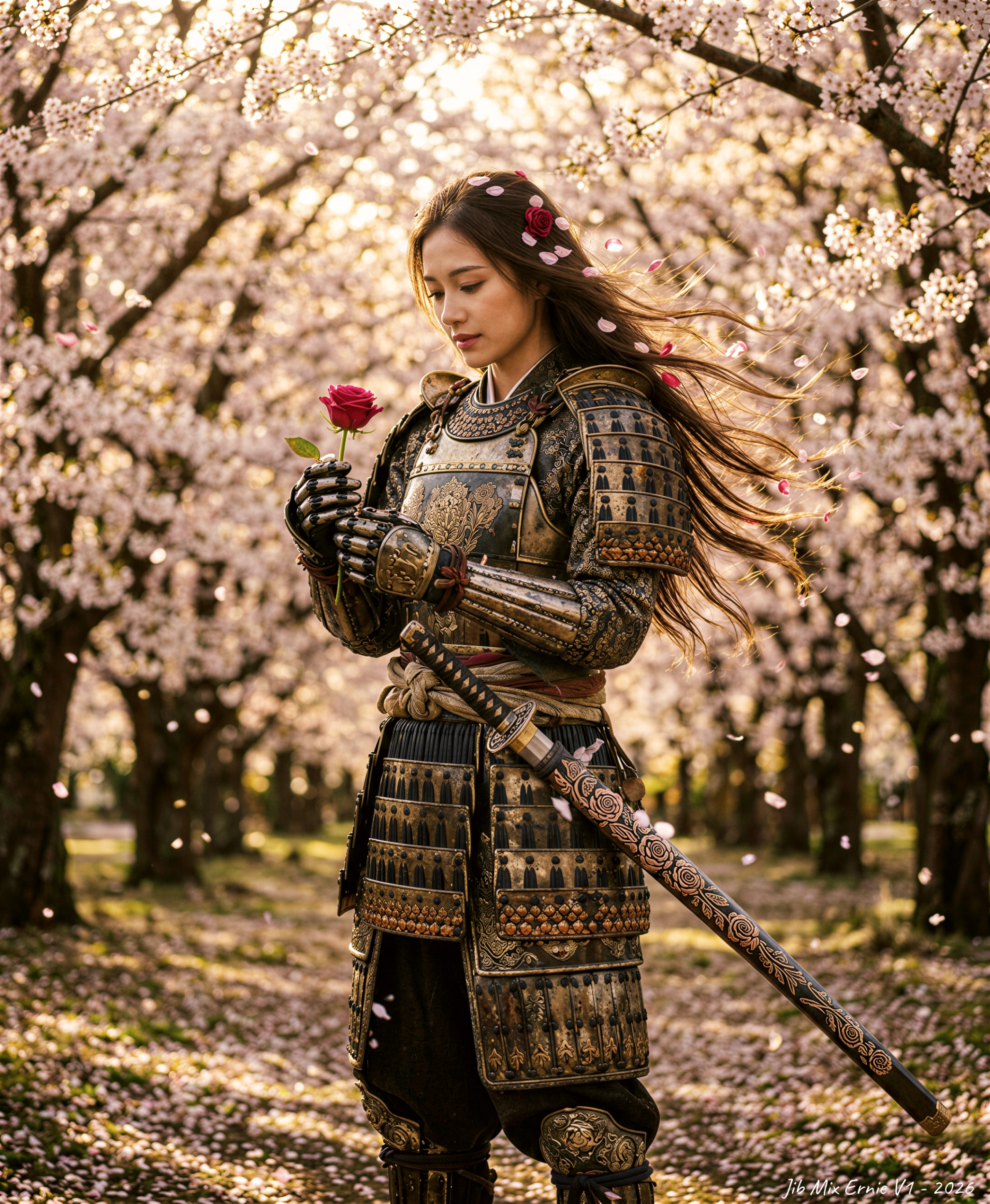A female ronin in ornate samurai armor stands amidst a field of blooming cherry blossoms. The ronin holds a single rose de...