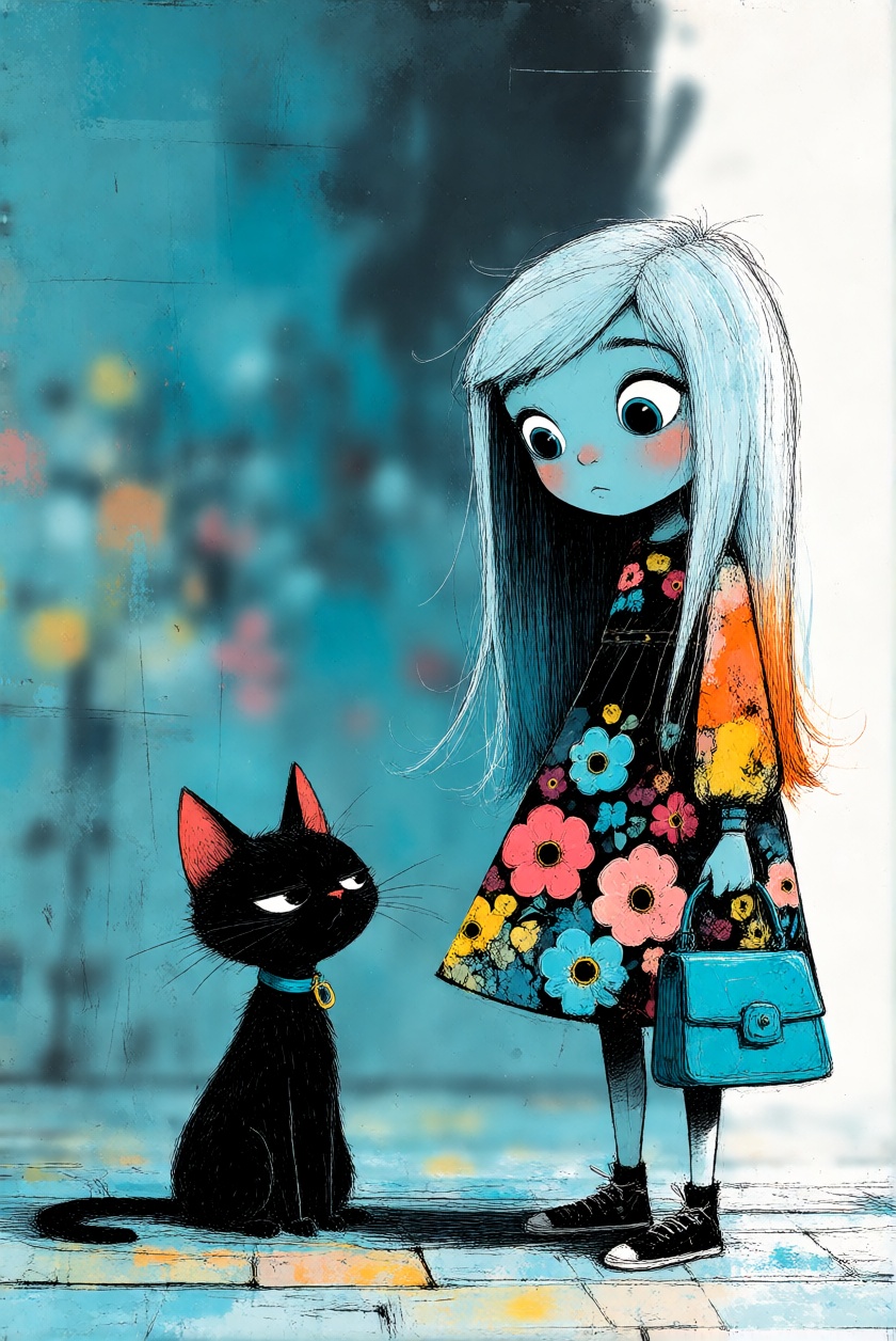 ToonDaal,  A young girl with long,  flowing hair that transitions from icy white at the roots to vibrant orange at the end...