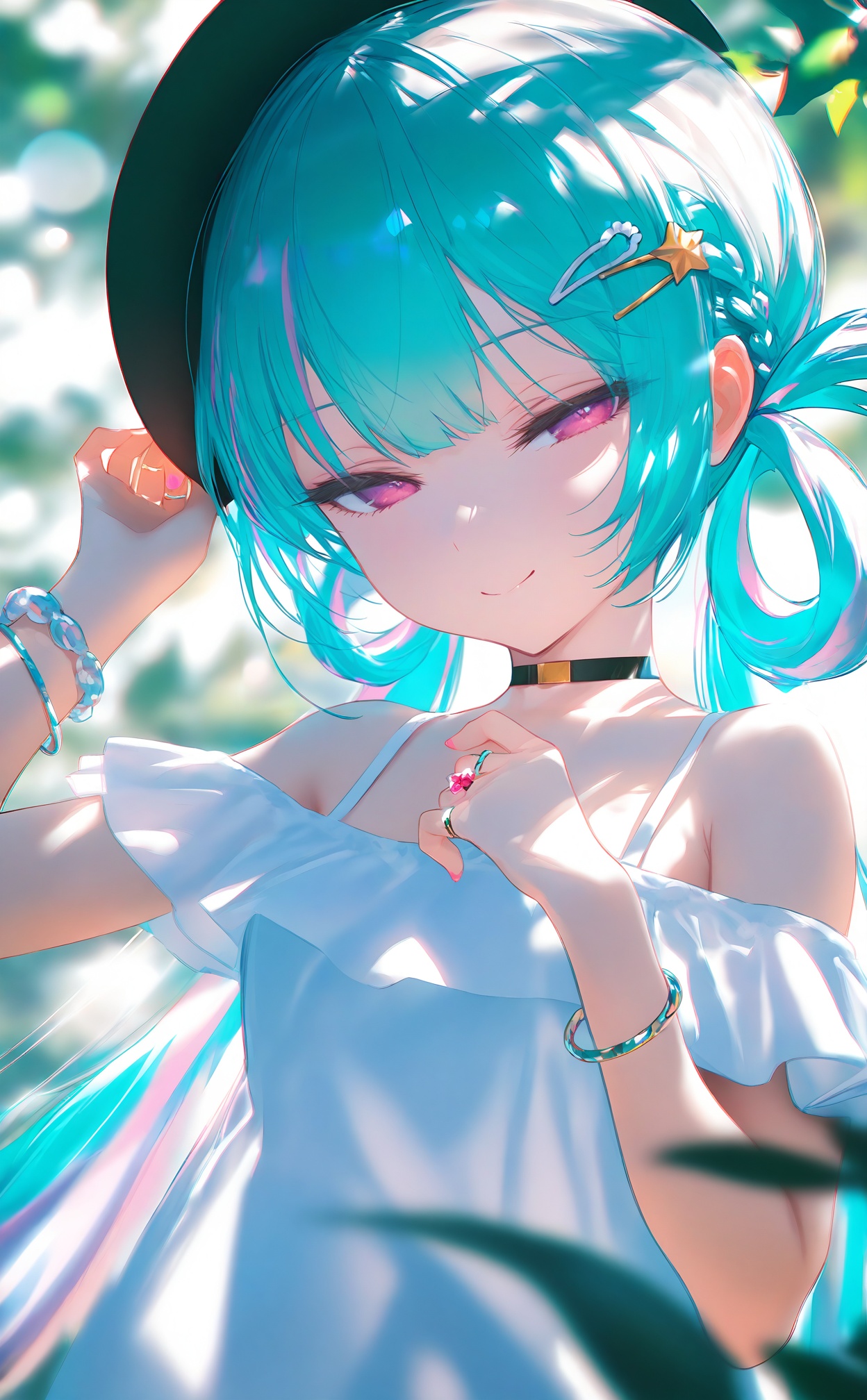 masterpiece,absurdres,best quality,loli,petite,high quality,chromatic_aberration,//,1girl, solo, long hair, looking at viewer, bangs, hair ornament, jewelry, purple eyes, braid, twintails,multicolored hair, choker, hairclip, pink eyes, off shoulder, star \(symbol\), nail polish, bracelet, aqua hair, ring, hair rings, star hair ornament, smile, bangs, hat, dress, holding, bare shoulders, twintails, jewelry, very long hair, closed mouth, closed eyes, flower, outdoors, white dress, leaf, sunlight, plant, white flower, headwear removed, hat removed, holding clothes, holding hat , ,depth of field,cinematic lighting,light particles,lens flare, extreme aesthetic,masterpiece,best quality,good quality,newest,very aesthetic,absurdres,A shot with tension,//,//,<lora:MAQ1109——【noob】hans:1>,