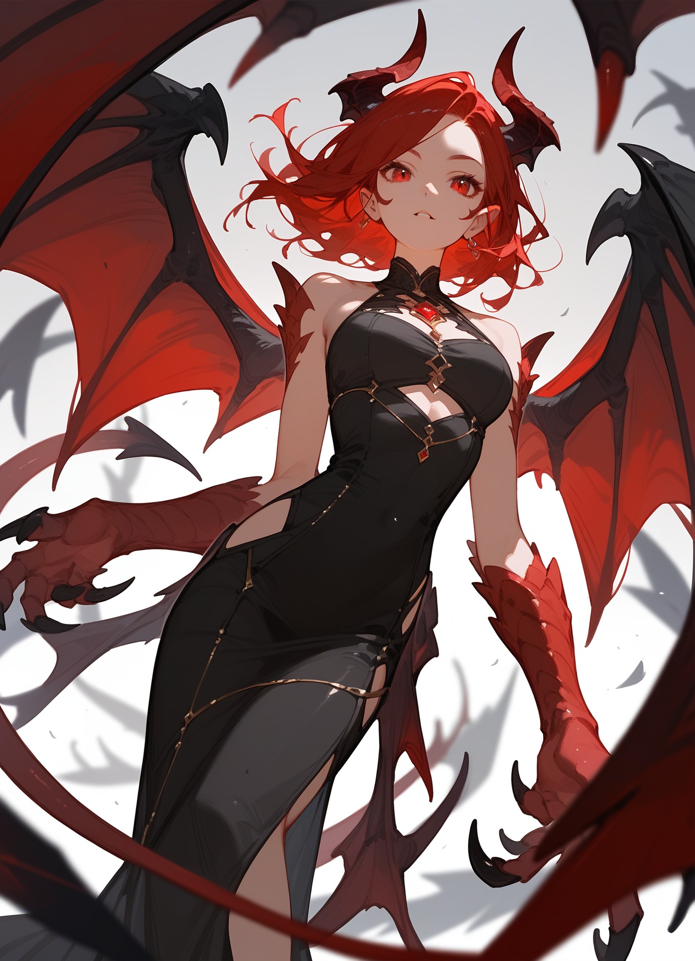 (score_9,score_8_up,score_7_up),1girl,girl demon,red hair,red eyes,wings,claws,black dress,beautiful_face,