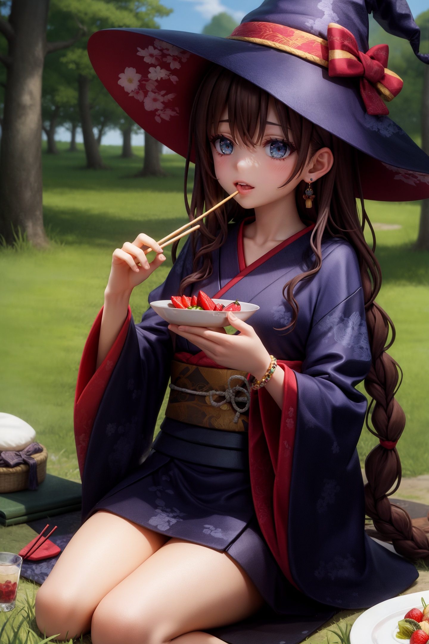 official wallpaper,.,<lora:2细节SYK_Mild detail adjuster_V1.0_256（MAX）:0.45>,.,.,.,.,.,.,1girl,solo,outdoors,food,jewelry,twin braids,braid,sitting,earrings,tree,holding,hat,blue eyes,chopsticks,long hair,witch hat,plate,day,fruit,bangs,wide sleeves,japanese clothes,book,bracelet,black kimono,kimono,eating,closed mouth,long sleeves,holding chopsticks,brown hair,witch,grass,sky,