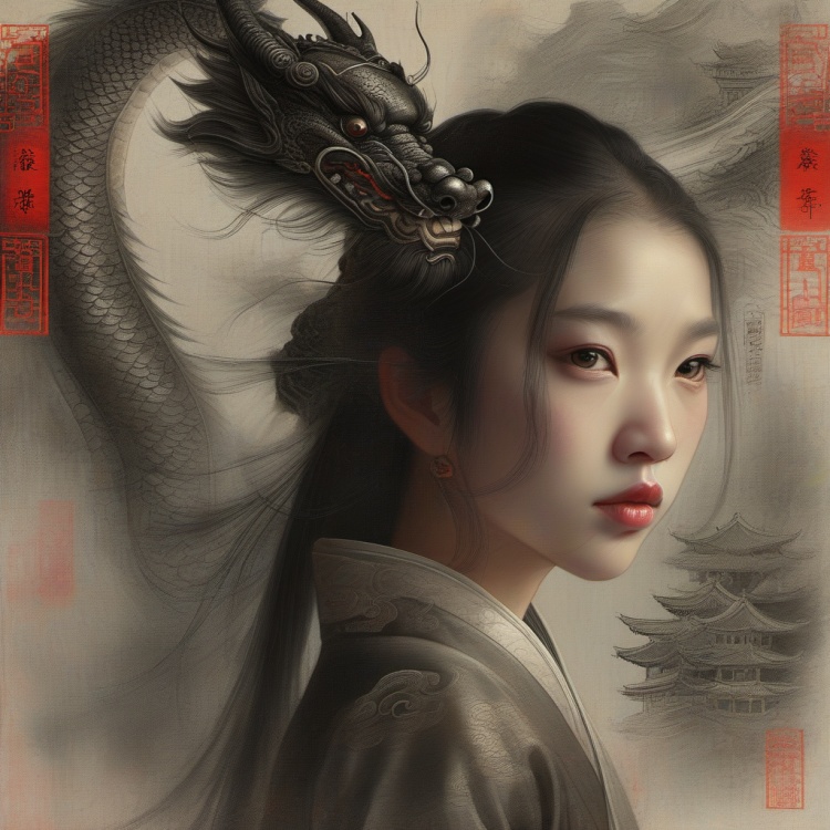 longren1,eastern dragon,black dragon,1girl,east asian architecture,solo,looking at viewer,portrait,closed mouth,<lora:hclv-000008:0.8>,