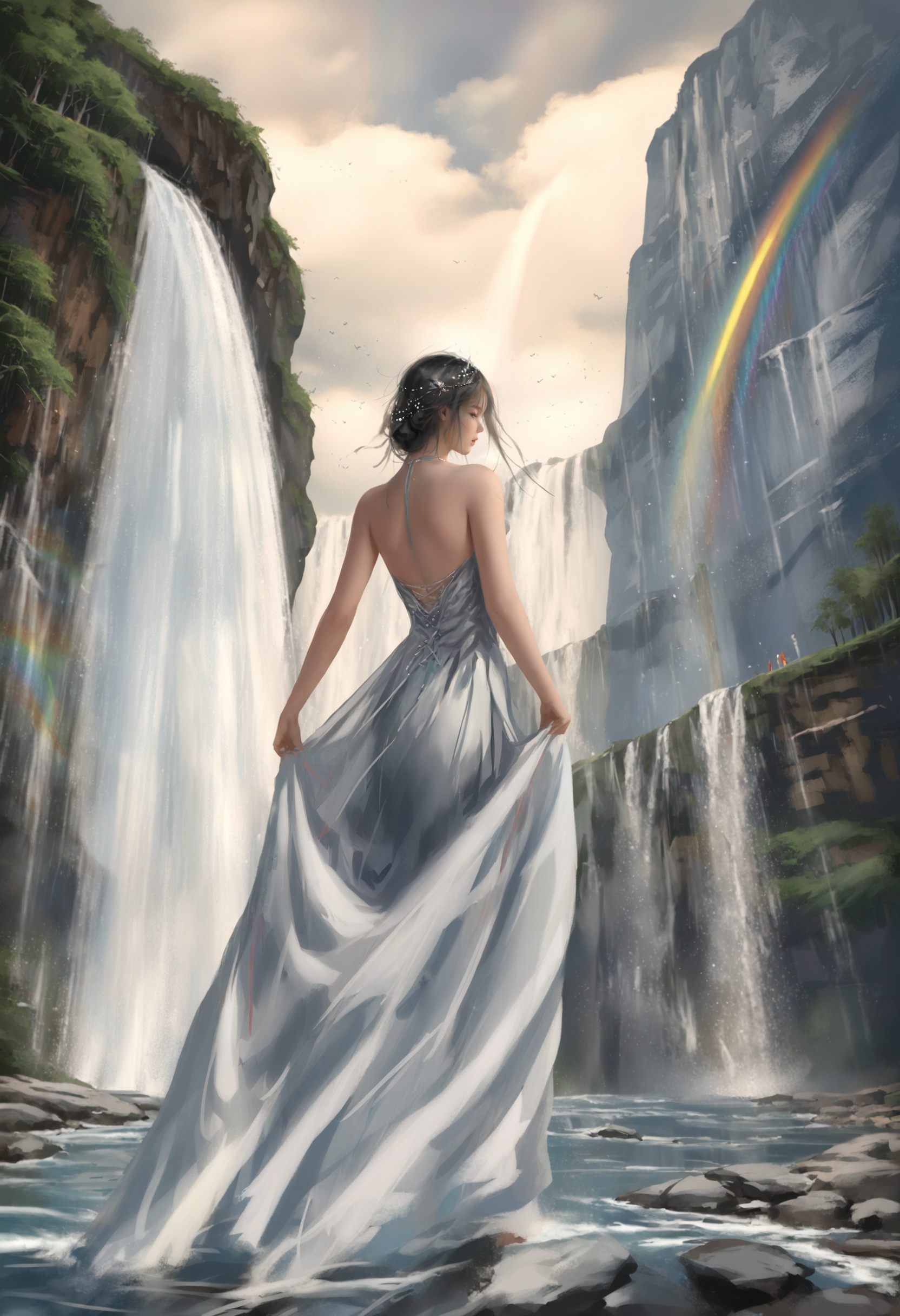 masterpiece, best quality,1girl,   realistic, solo, Skirt, Underwear, waterfall, rainbow, scenery, sky, cloud, dress, mountain, nature, water, black hair, star destroyer, long dress <lora:wlopXLlokr4f-000187:0.95>