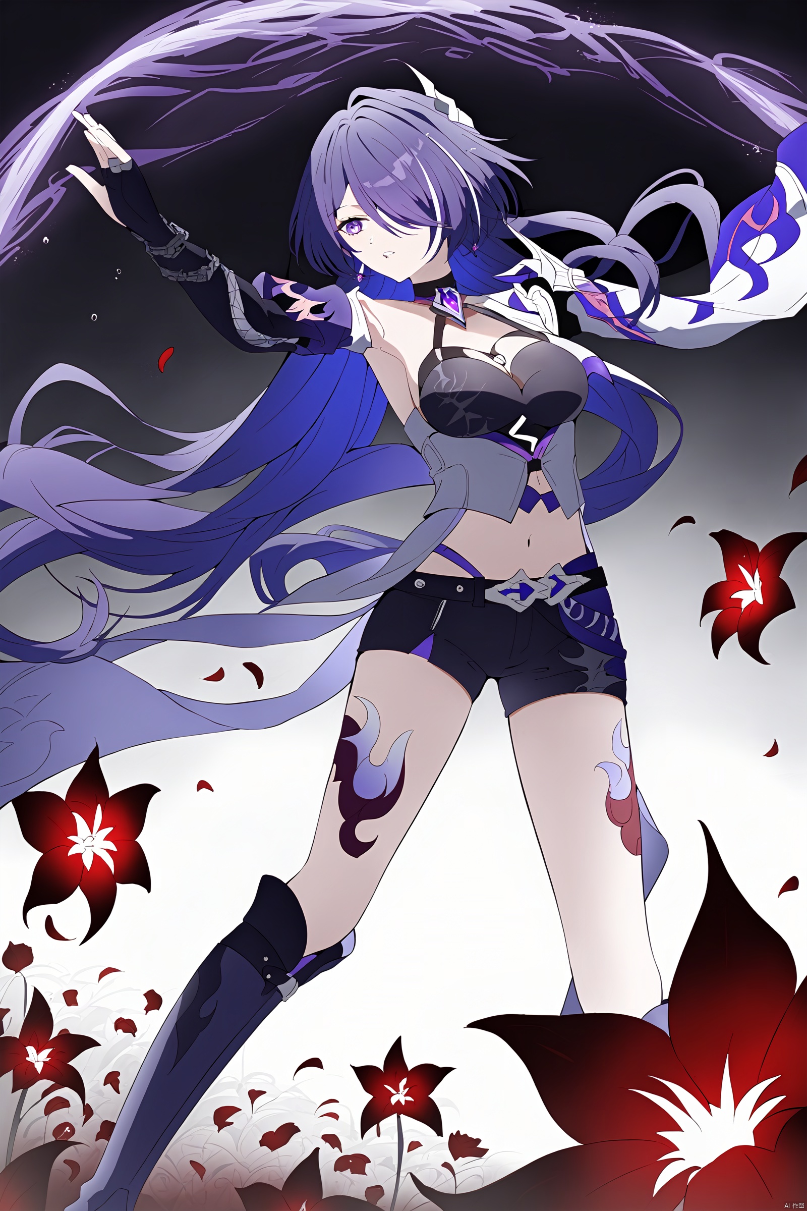 ((best quality)),((masterpiece)),((ultra-detailed)),(illustration),(detailed light),(an extremely delicate and beautiful),\\\\\\\\\\1girl ,fighting,Fighting girl, detailed eyes, holding taichi, flying blood droplets, but all, dim background, Equinox flower, Equinox flower field, black and white environment, red flowers,\\\\\\\////////////////////////// hquan,def clothe,1girl,long hair,purple eyes,shorts,purple hair,hair over one eye,breasts,boots,black gloves,cleavage,raiden mei,navel,tattoo<lora:EMS-313056-EMS:0.800000>