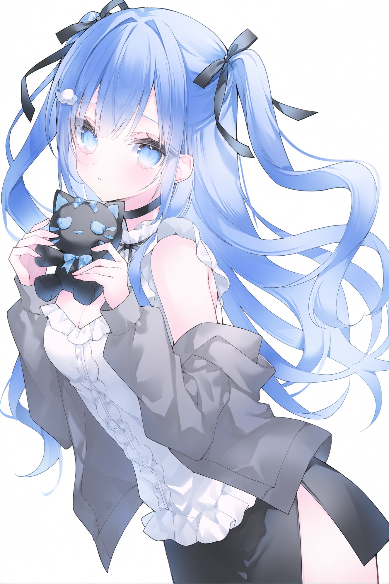 1girl,solo,long hair,looking at viewer,skirt,two side up,black skirt,hair ornament,choker,shirt,white background,blue eyes,long sleeves,stuffed toy,off shoulder,white shirt,blue hair,ribbon,holding,open clothes,hair ribbon,simple background,stuffed animal,stuffed cat,cardigan,side slit,jacket,black choker,closed mouth,black ribbon,breasts,cowboy shot,frills,blush,sleeveless shirt,sleeveless,grey jacket,bare shoulders,open jacket,cleavage,hands up,holding stuffed toy,