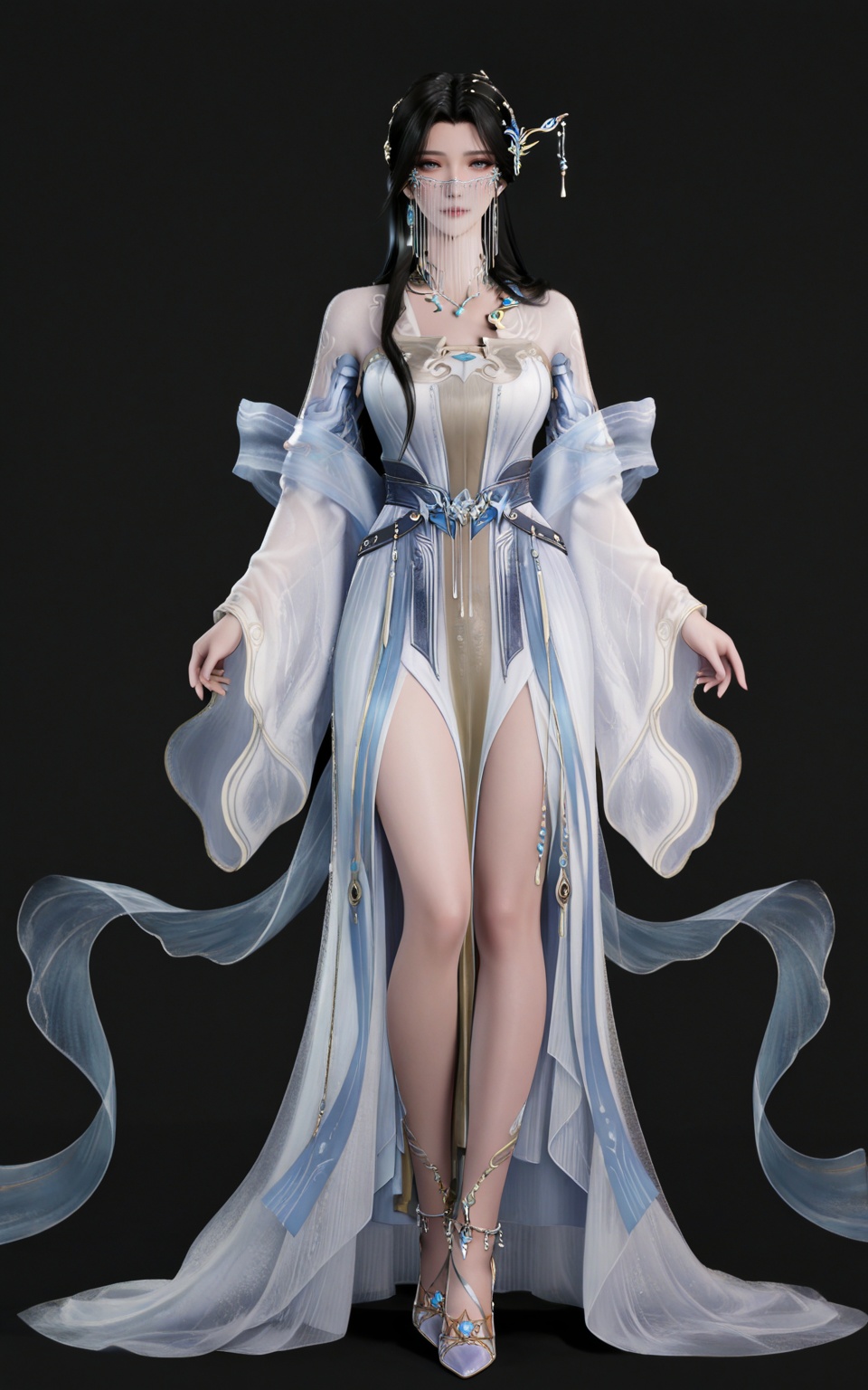 masterpiece,high quality,tall,game cg,highres,(white_skin:0.6),(shiny_skin:0.6),(realistic:1.1),looking_at_viewer,lvjing,black_background,simple background, <lora:安妙依·新建模ILL:0.8> black hair, long hair, grey eyes, hair_ornament, earrings, mouth veil, miaoyi white dress, see-through sleeves, sash, 1girl, jewelry, necklace, high_heels