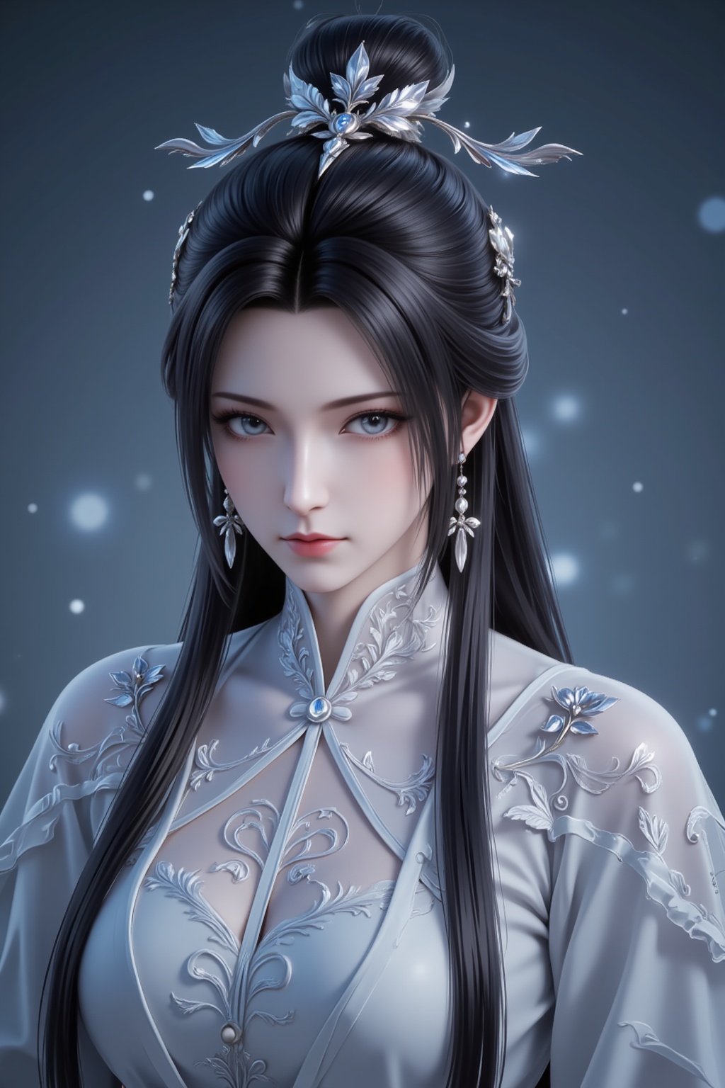 <lora:剑仙陆雪琪·重练·7:1>,luxueqi,1girl,earrings,solo,jewelry,black hair,long hair,hair ornament,hair bun,upper body,looking at viewer,chinese clothes,portrait,closed mouth,single hair bun,expressionless,grey eyes,dress,realistic,1,cover,gradient background,close-up details,outstanding style,adding a touch of dimension to your images without compromising details,close-up,<lora:DJ滤镜_2.5D版:0.3>,lvjing,<lora:油画唯美滤镜15:0.2>,baoshi,