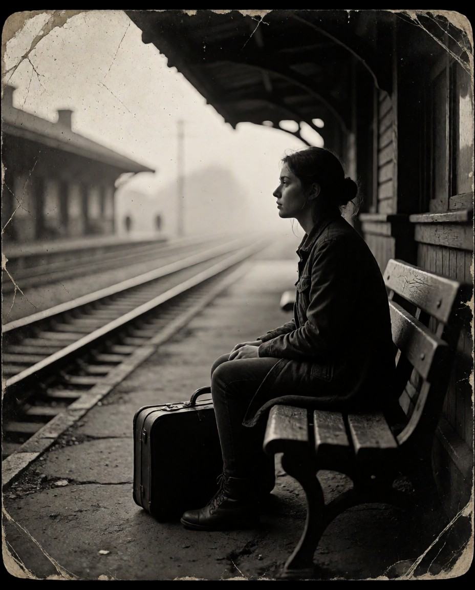 analog_feel,  a forgotten memory of departure,  a young woman sitting on a worn wooden bench at an old train station on Te...