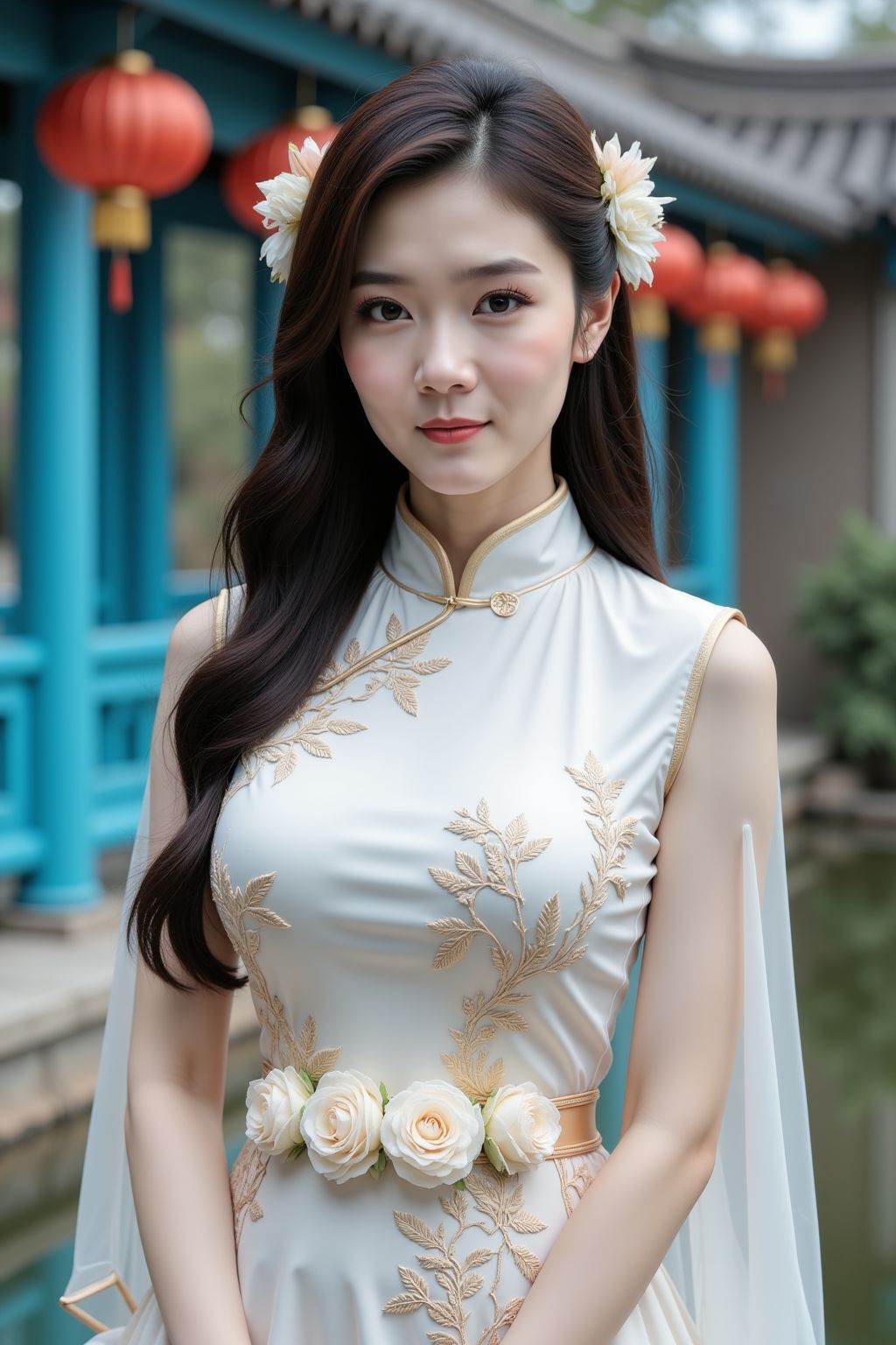 A photograph of a young Asian woman with fair skin, long dark hair adorned with white flowers, and delicate facial features. She wears a traditional white Chinese cheongsam dress with gold embroidery and sheer sleeves. The dress has a floral belt. The background features a vibrant blue wooden structure with red lanterns, and a serene water body reflecting the scene. The overall aesthetic is elegant and traditional.