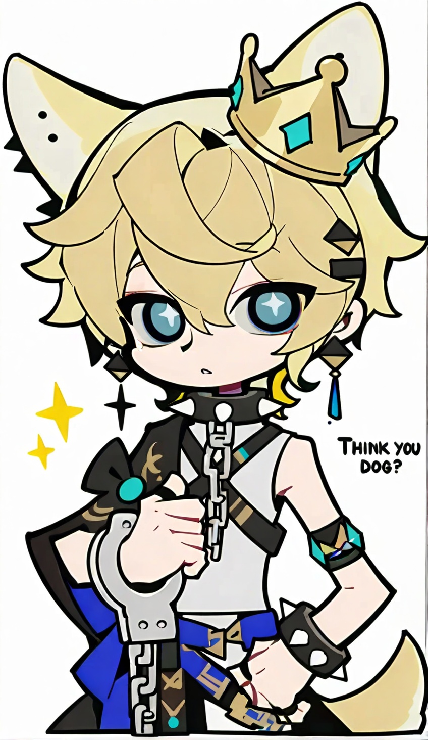 solo,looking at viewer,blue eyes,blonde hair,hair ornament,1boy,animal ears,jewelry,male focus,earrings,star \(symbol\),collar,english text,piercing,ring,crown,pale skin,dog ears,spikes,bishounen,handcuffs,spiked collar,dog boy,(chibi:1.2),<lora:lora:1>,