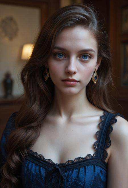 very aesthetic, score_9, score_8_up, score_7_up,masterpiece, very long hair, (brown hair:1.05), (blue colored lens:1.07), (big eyes:1.10), (beautiful eye shape:1.07), eyes focus, eye contact, (aesthetic photography:1.10), portrait, model, solo, (pale skin:1.10), asymmetrical hair, perfect eyes, slim, wearing (Ancient Red Bright Victorian Dress With Gown:1.10, ancient earrings, ancient gloves), looking at you, (nice behavior:1.07), indoors, (victorian castlevery detailed:1.10)