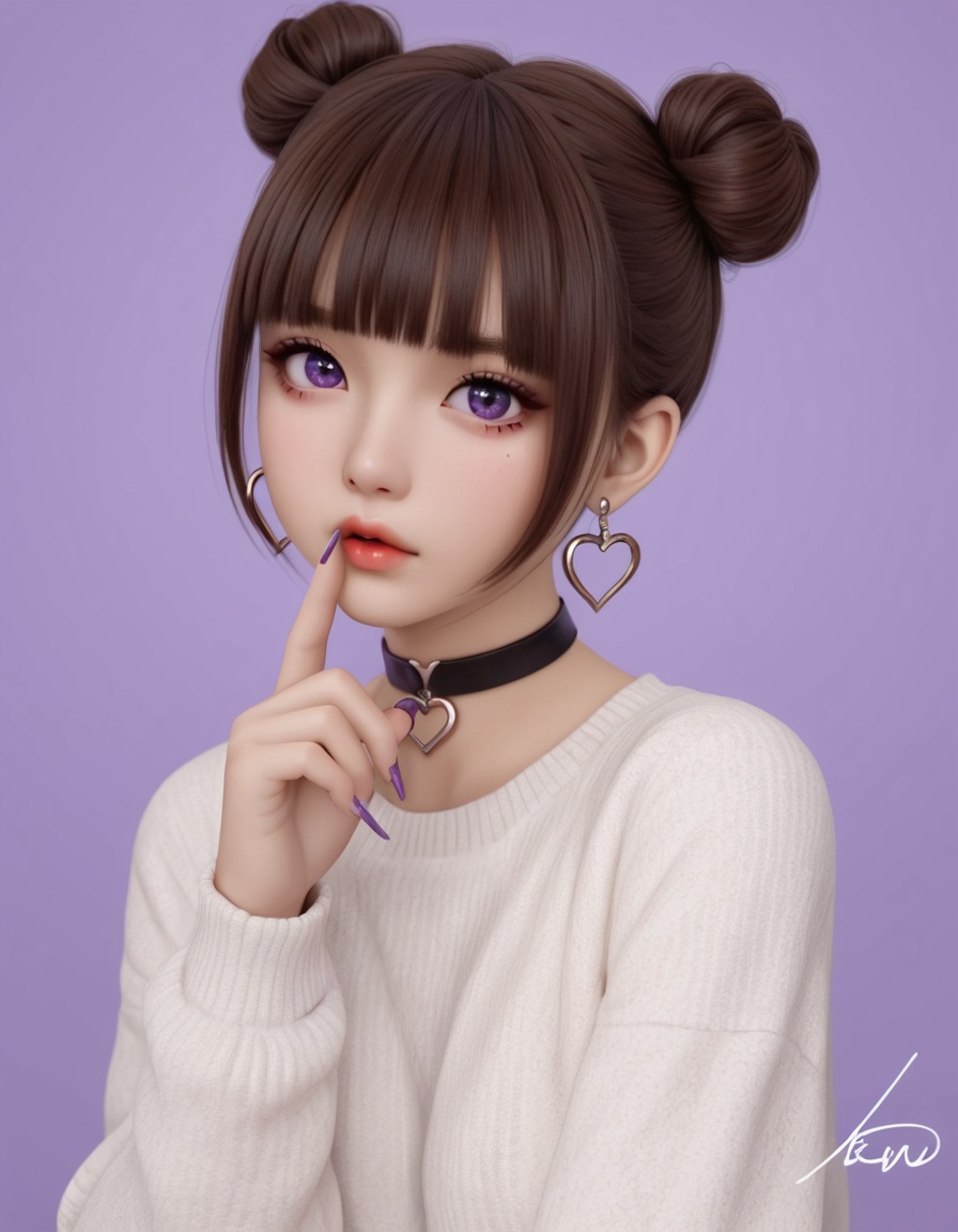 original, brown hair, 1girl, solo, sfw, bangs, choker, blunt bangs, purple background, upper body, jewelry, eyebrows visible through hair, simple background, earrings, purple eyes, parted lips, short hair, long sleeves, white sweater, looking at viewer, sweater, finger to mouth, heart, purple flower, flower, heart choker, heart earrings, purple_eyes, closed mouth, signature, hair bun, long fingernails, nail polish, nail, double bun