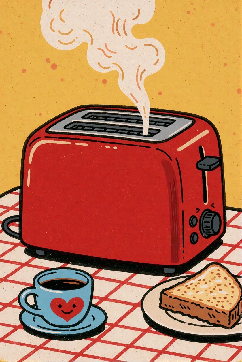 folk comic illustration. A red kitchen toaster on a table. on Tensor.Art