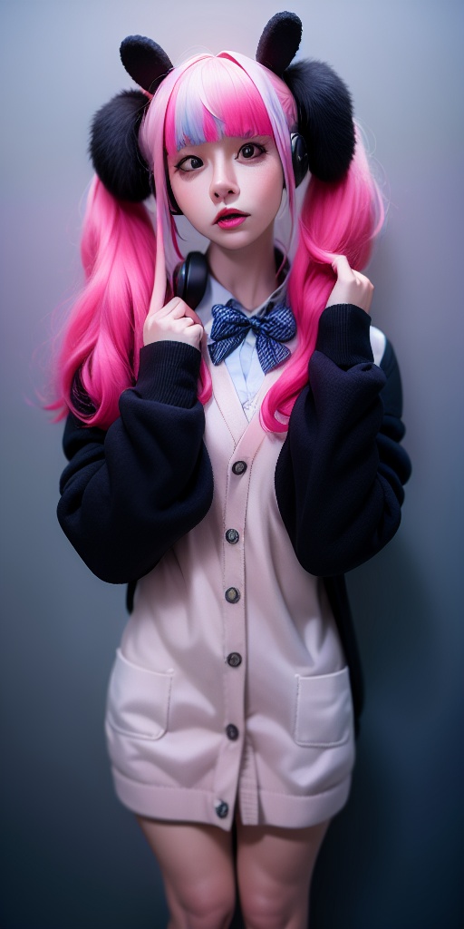 1girl,solo,pink hair,headphones,twintails,bangs,long hair,flower,bow,cardigan,blunt bangs,parted lips,black eyes,bowtie,lips,