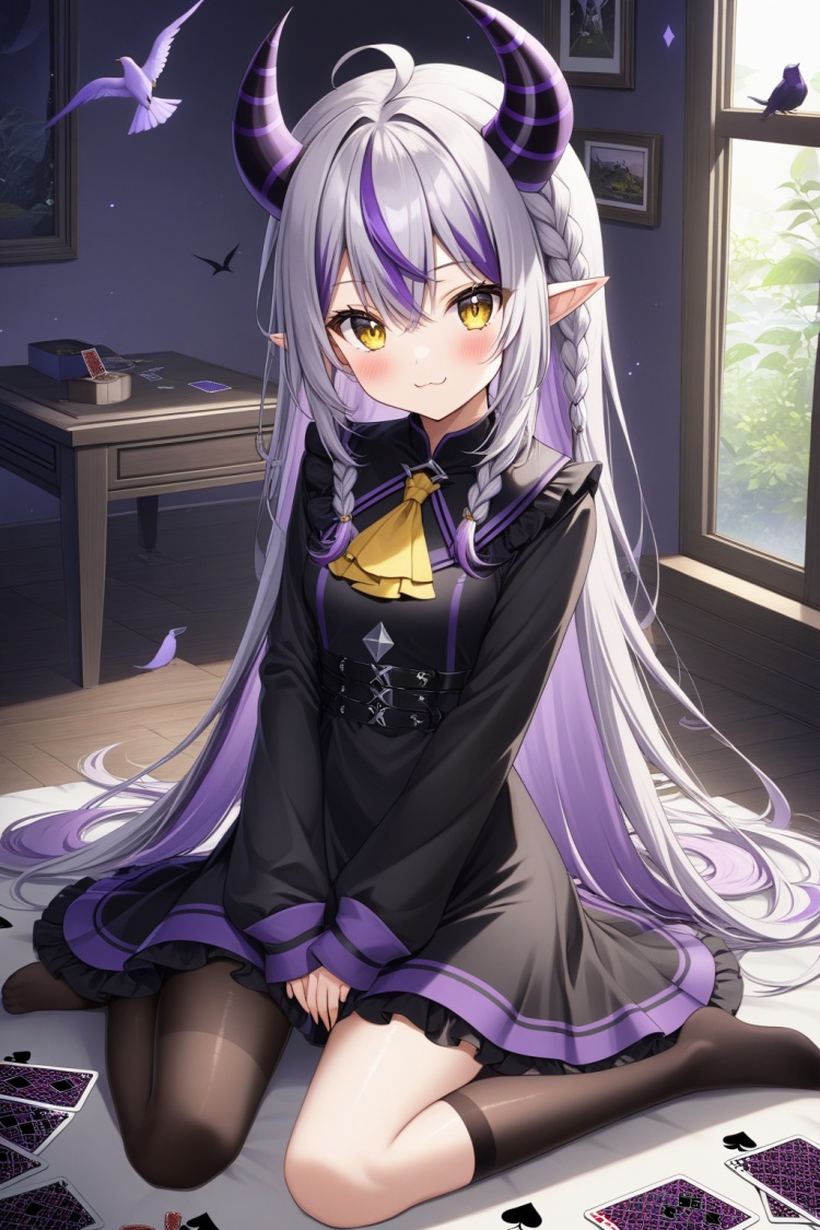 1girl, solo, long hair, looking at viewer, blush, smile, bangs, thighhighs, long sleeves, dress, holding, hair between eyes, sitting, very long hair, closed mouth, full body, yellow eyes, purple hair, braid, grey hair, multicolored hair, horns, pointy ears, fang, indoors, virtual youtuber, black dress, streaked hair, sleeves past wrists, window, :3, bird, wariza, demon horns, single thighhigh, sleeves past fingers, card, yellow ascot, on head, animal on head, playing card, holding card, single leg pantyhose, bird on head, striped horns, la+ darknesss