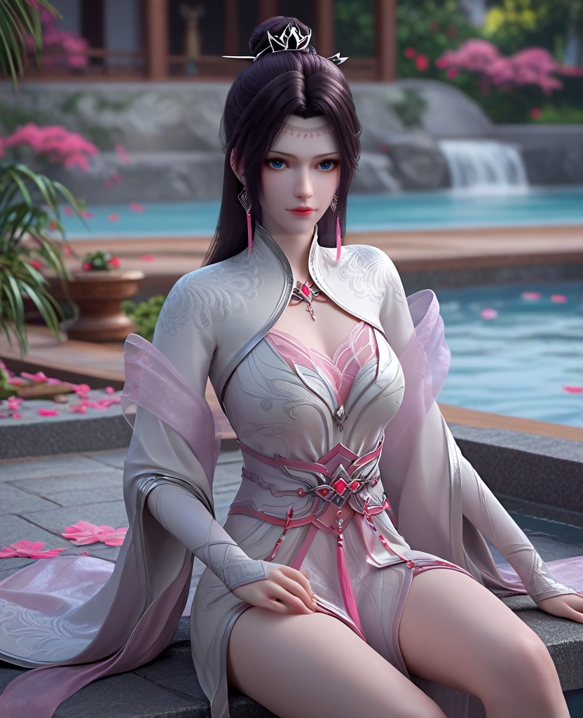 (oriental architecture, elegant decor, sophisticated style:1.1),(Sitting on the edge of a pool, dipping feet in the water,:1.1),looking at viewer,(breasts:1.2),<lora:XL16斗破苍穹花宗云韵:0.95>,miss yunyun,white dress,blue eyes,traditional chinese updo with long cascading hair,black hair,hair ornament,earrings,jewelry,bolero,pink sheer shawl,wide flowing sleeves,pink chiffon bra,sash,opera gloves sleeves,, score_9,score_8_up,score_7_up,score_6_up,score_5_up,score_4_up,3d rendering,tag1,tag2, Cinematic Lighting,backlighting,, zPDXL3, zPDXL2,zPDXL, zPDXLxxx, zPDXLrl,