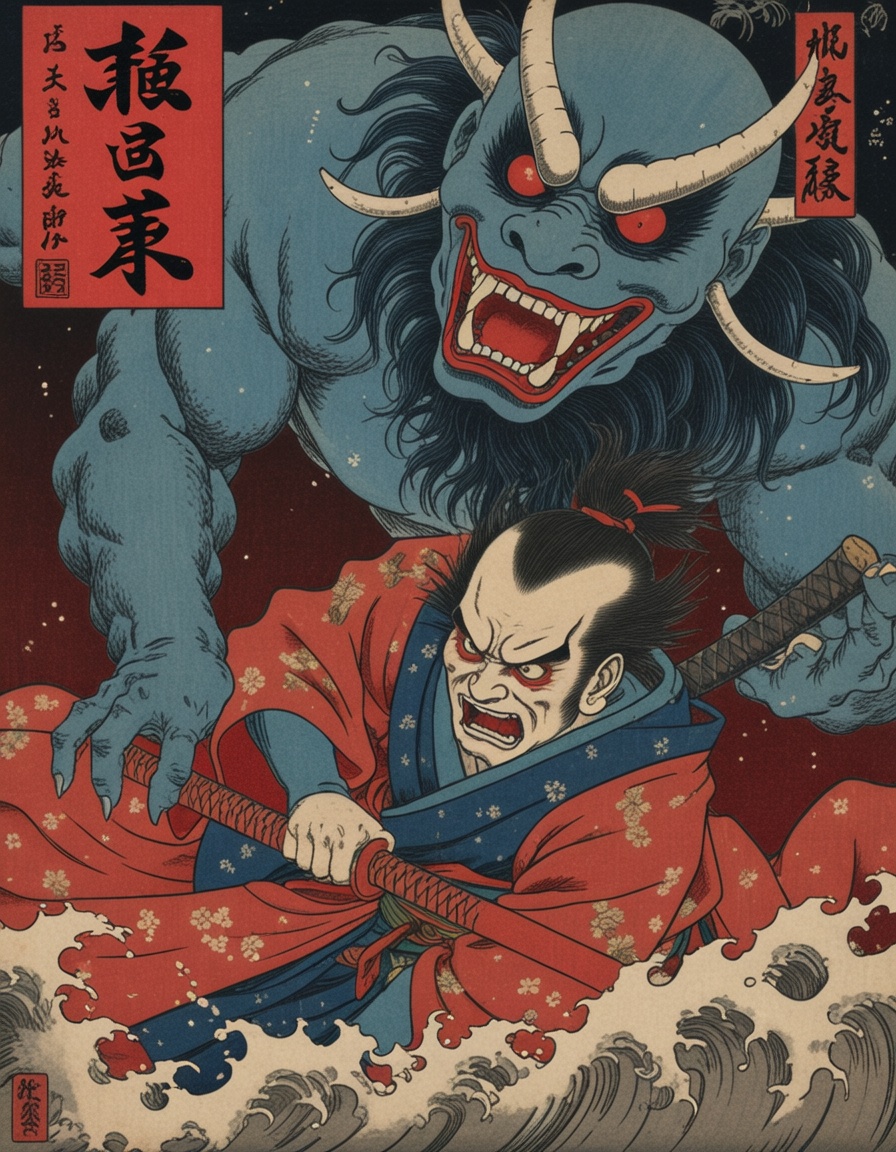 ehkuniyoshi,  fierce samurai in demon mask slashing through ghost army,  blood red sky on Tensor.Art