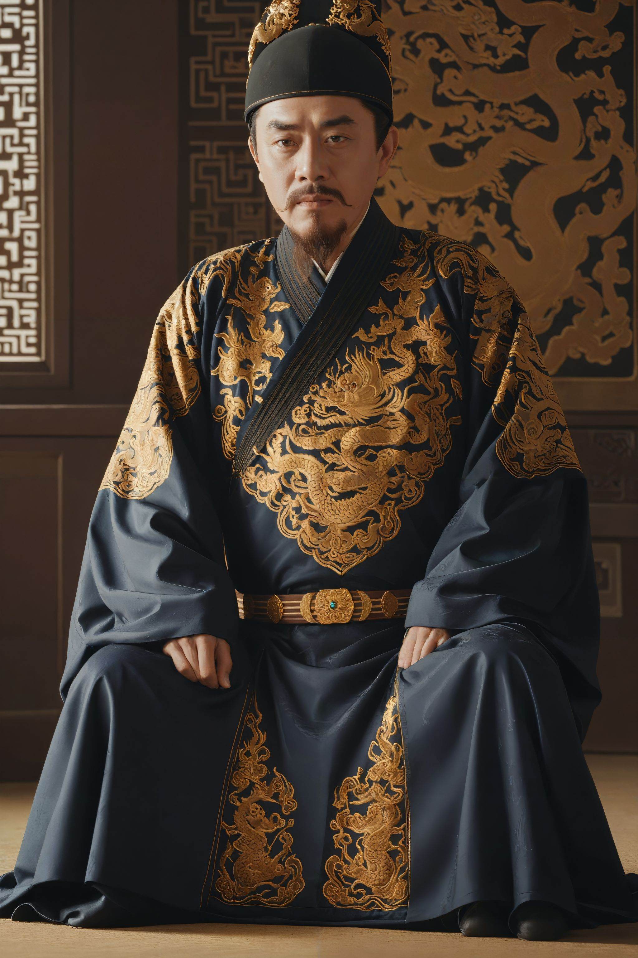 (masterpiece:1.3),(best quality:1.2),highres,sharp,photorealistic,realistic,UHD,(Yishanguan \(hat\):0.8),(HZS \(attire\):1.2),1man,solo,male focus,facial hair,sitting,black hair,beard,full body,closed mouth,realistic,mustache,<lora:changfu1:0.8>,