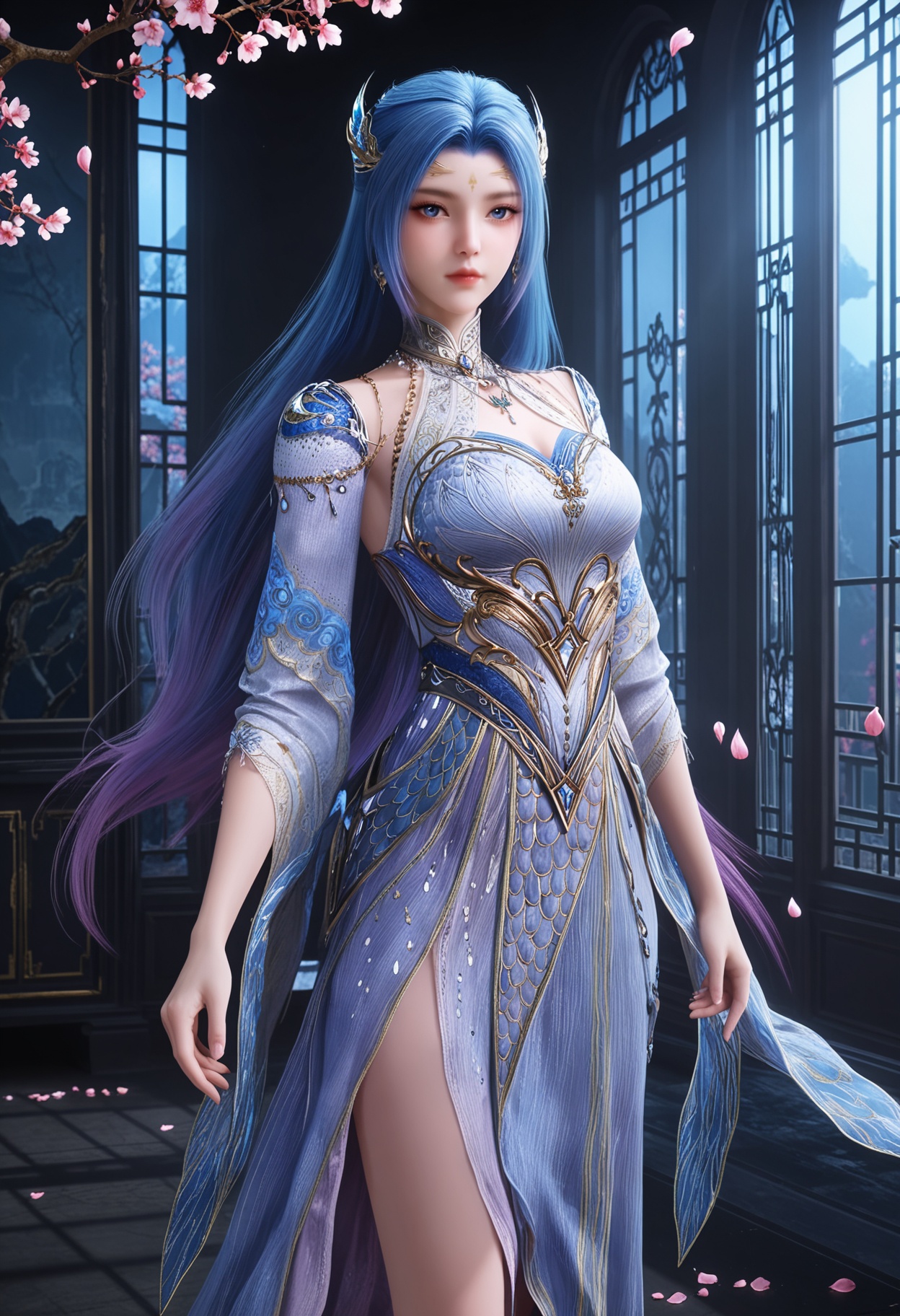 standing,(looking at viewer:1.1),facing viewer,direct gaze,(masterpiece:1.1),(best quality:1.2),(intricate details),(smog:1.3),(Dark room:1.3),(dim lighting:1.3),peach blossom,falling petals,<lora:YQ_Illustrious光辉v5_唐舞桐_服装3_V2:0.8>,1girl,q1528437228,solo,long hair,hair ornament,blue eyes,jewelry,dress,earrings,detached sleeves,high heels,necklace,anklet,forehead mark,masterpiece,(best quality),(intricate details:0.9) BREAK (intricate details:0.9),(realistic skin:1.2),masterpiece,best quality,newest,absurdres,hiahres,