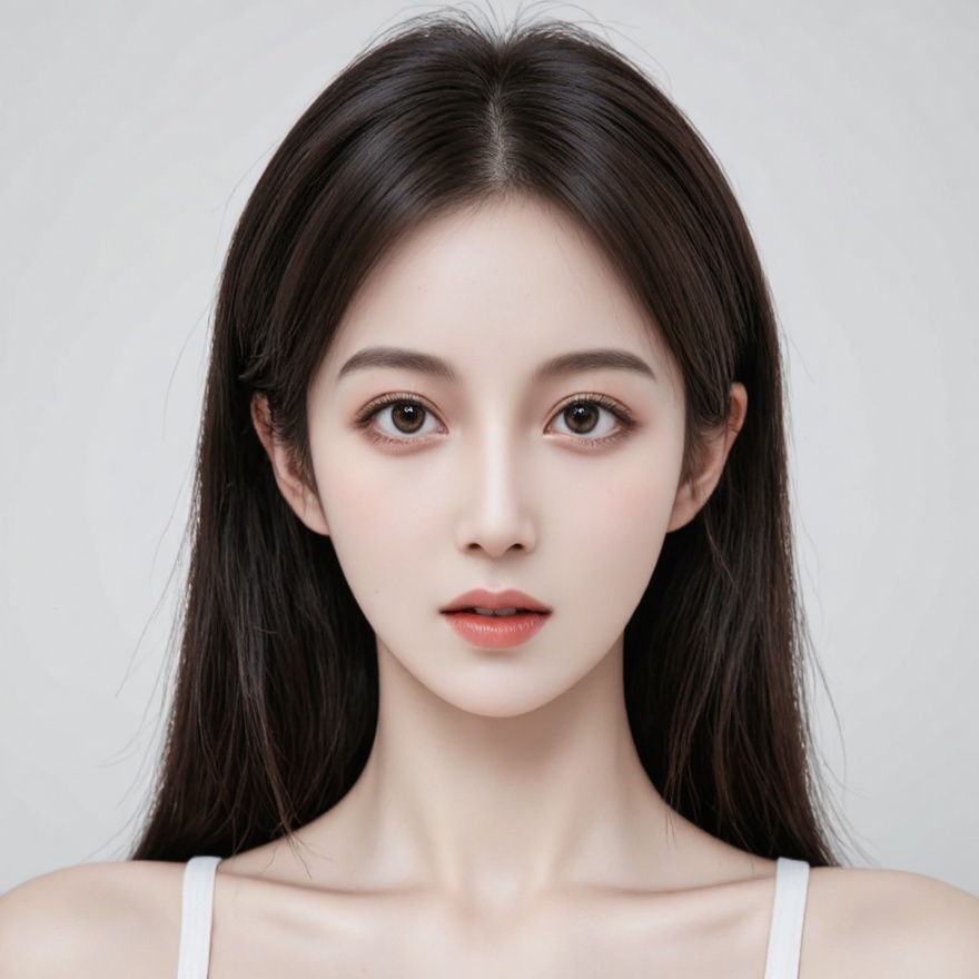 ,Young girl's front face,wearing white lace lingerie,breasts F cup,half-length photo,long black hair,small ears,best quality,realistic style,high facial details,hair at the back,simple background,light color background,