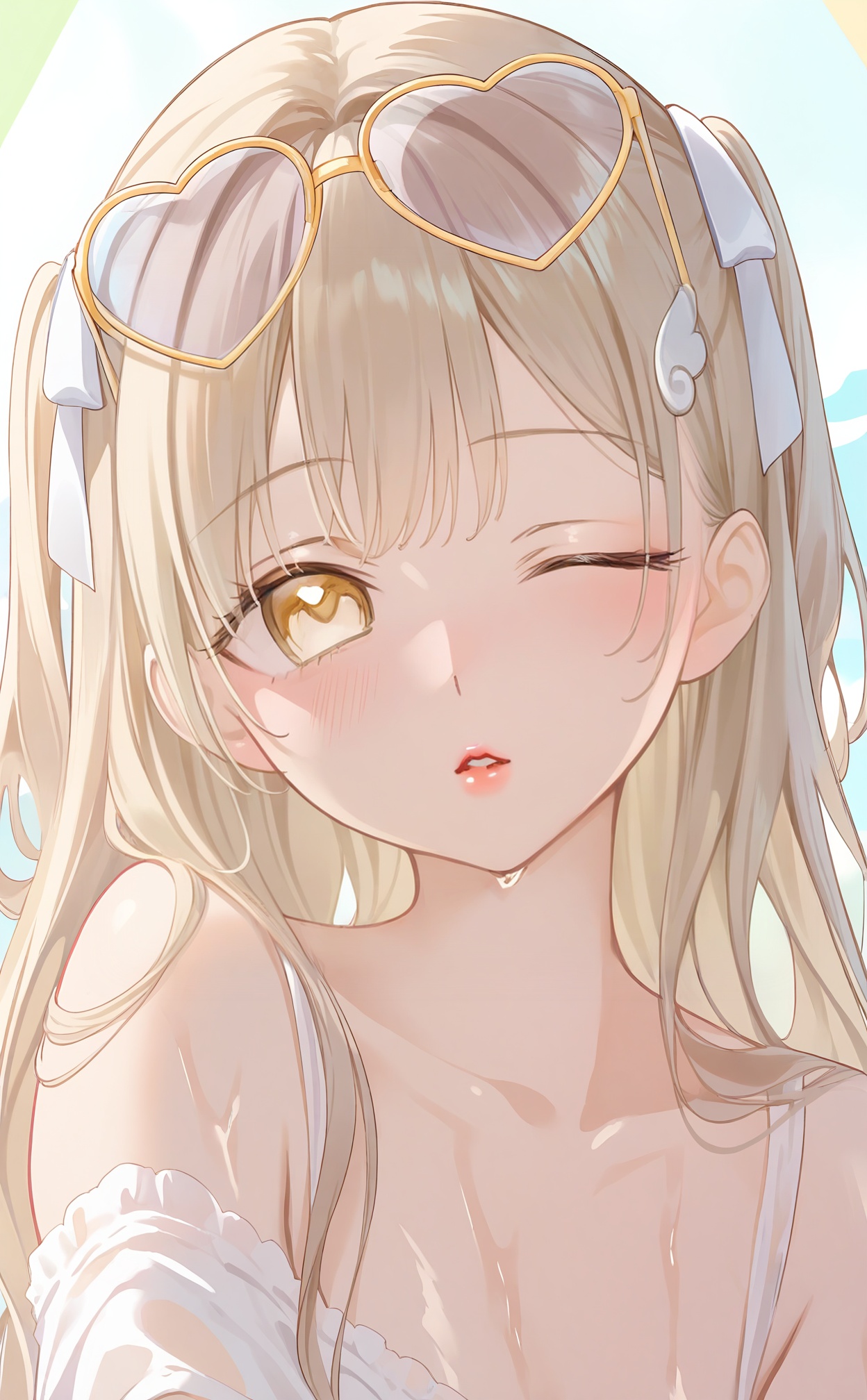 mmasterpiece,absurdres,best quality,petite,high quality,chromatic_aberration,//,1girl,one_eye_closed,solo,eyewear_on_head,looking_at_viewer,long_hair,heart,blush,wing_hair_ornament,parted_lips,hair_ribbon,ribbon,heart-shaped_eyewear,collarbone,white_shirt,hair_ornament,portrait,yellow_eyes,two_side_up,blonde_hair,white_ribbon,shirt,close-up,wet,off_shoulder,yellow-framed_eyewear,sunglasses,light_brown_hair,brown_hair,//,<lora:kinako_(shiratama_mochi)——【noob】hans:0.95>,