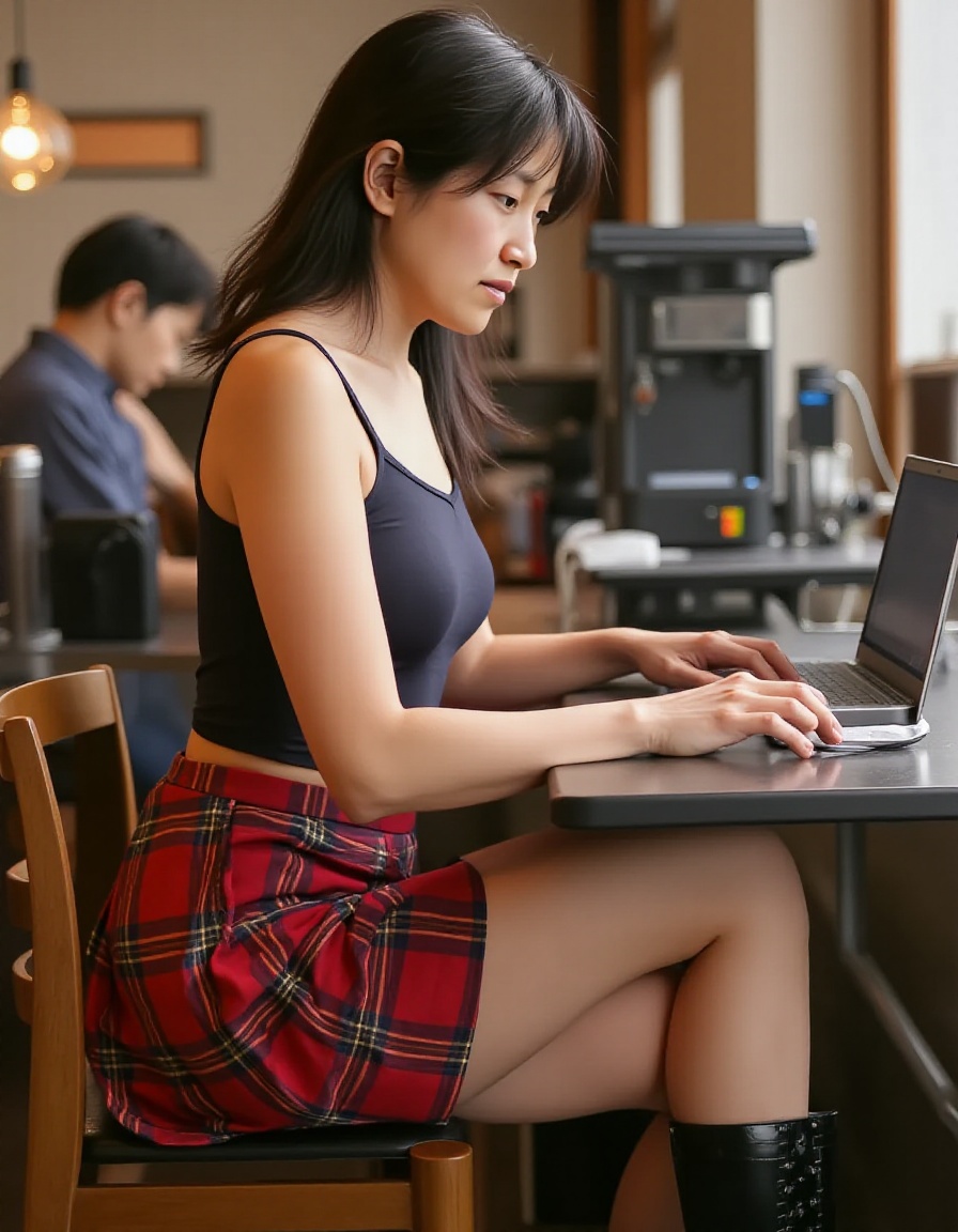 Photorealistic image of a woman,  "Autumn-themed outfit with plaid skirt and knee-high boots.""Depict a woman working on h...