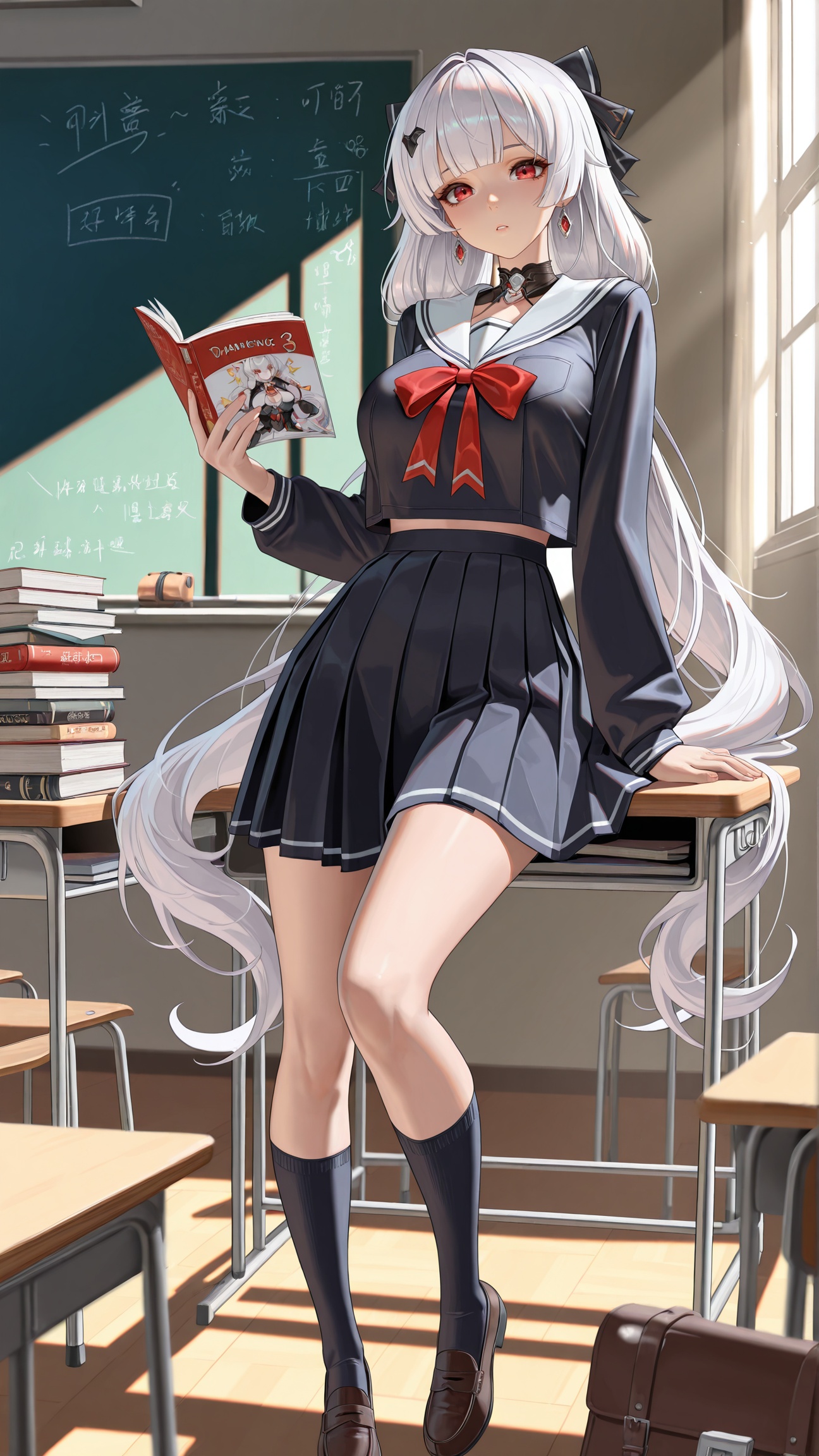 masterpiece,best quality,amazing quality,<lora:dayuexia:0.9>,dayuexia,long hair,1girl,red eyes,white hair,breasts,solo,<lora:20250808-1754650692631:0.8>,zhigan3d,1girl,solo,breasts,jewelry,looking at viewer,school_uniform,sailor_collar,pleated_skirt,ribbon_tie,kneehigh_socks,loafers,blunt_bangs,twin_tails,classroom_background,chalkboard,desk_stack,holding_textbook,sunlight_window,