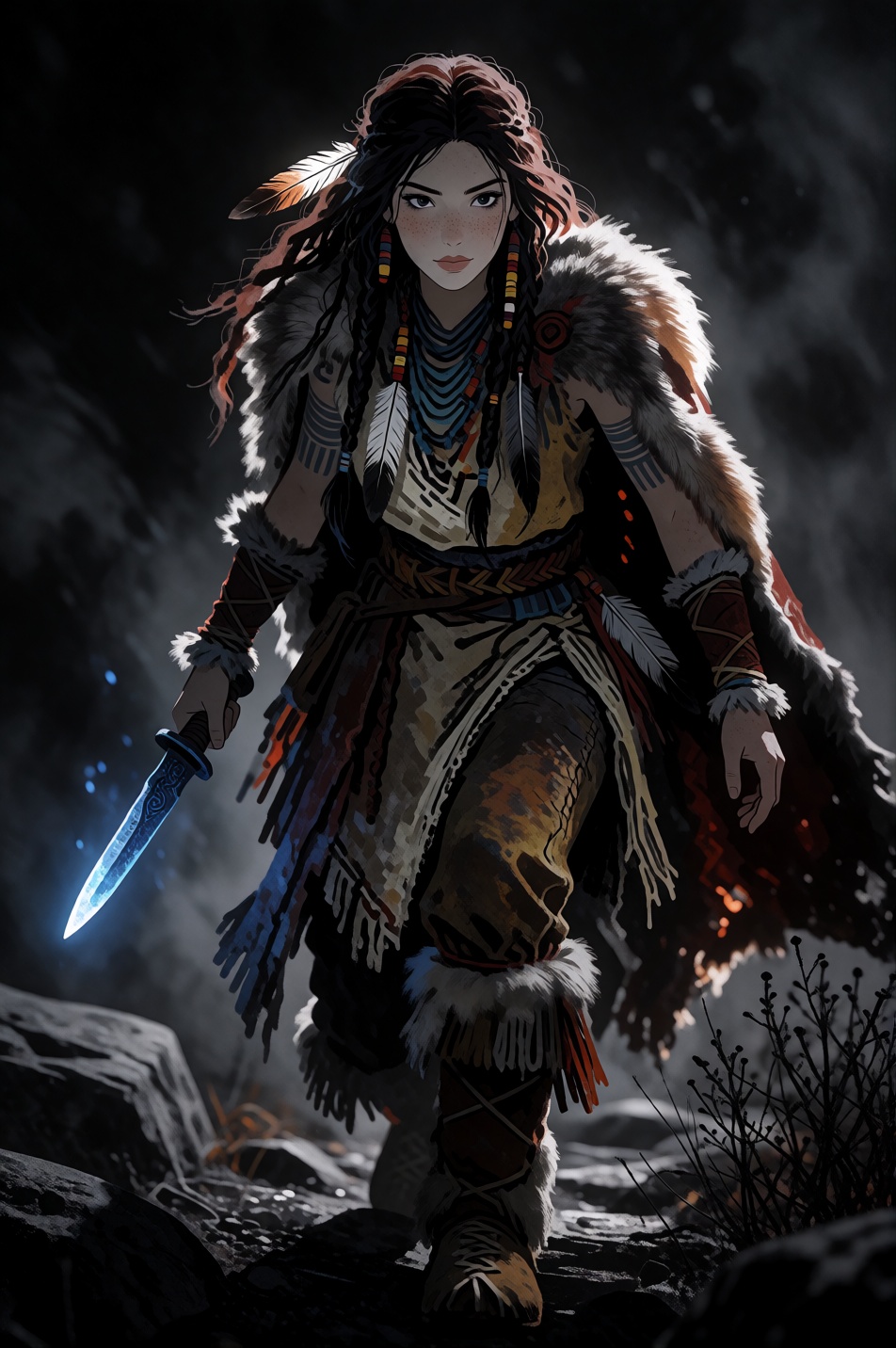 CartoonLadies style. A cinematic digital painting rendered with high contrast and sharp focus captures a mysterious female...
