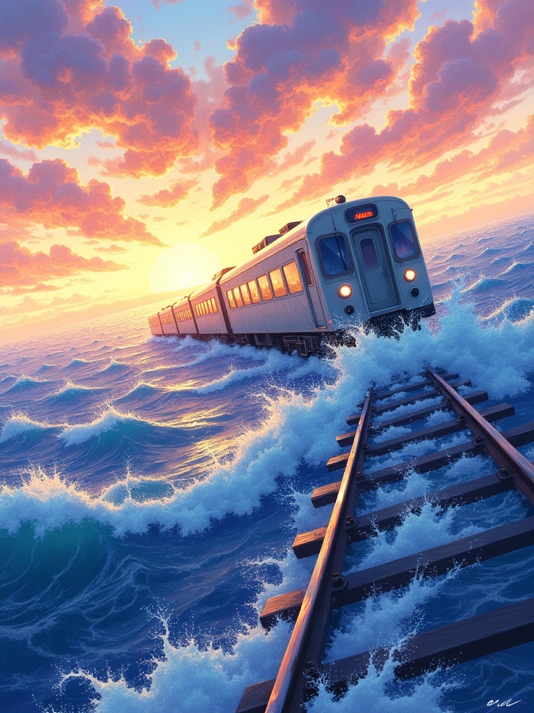 miluo_tych,graffiti,illustration,A vibrant, digital painting of a train traveling through the ocean during sunset. The train is a light grey color with a few windows and a door, and it is surrounded by the vast expanse of the ocean. The sky is filled with a mix of warm oranges, pinks, and purples, with fluffy white clouds scattered throughout. The sun is setting in the background, casting a golden glow over the scene. The ocean waves are crashing against the train tracks, creating a dynamic and energetic atmosphere. The artwork is signed by the artist in the bottom right corner.<lora:涂鸦插画L1.3:1>