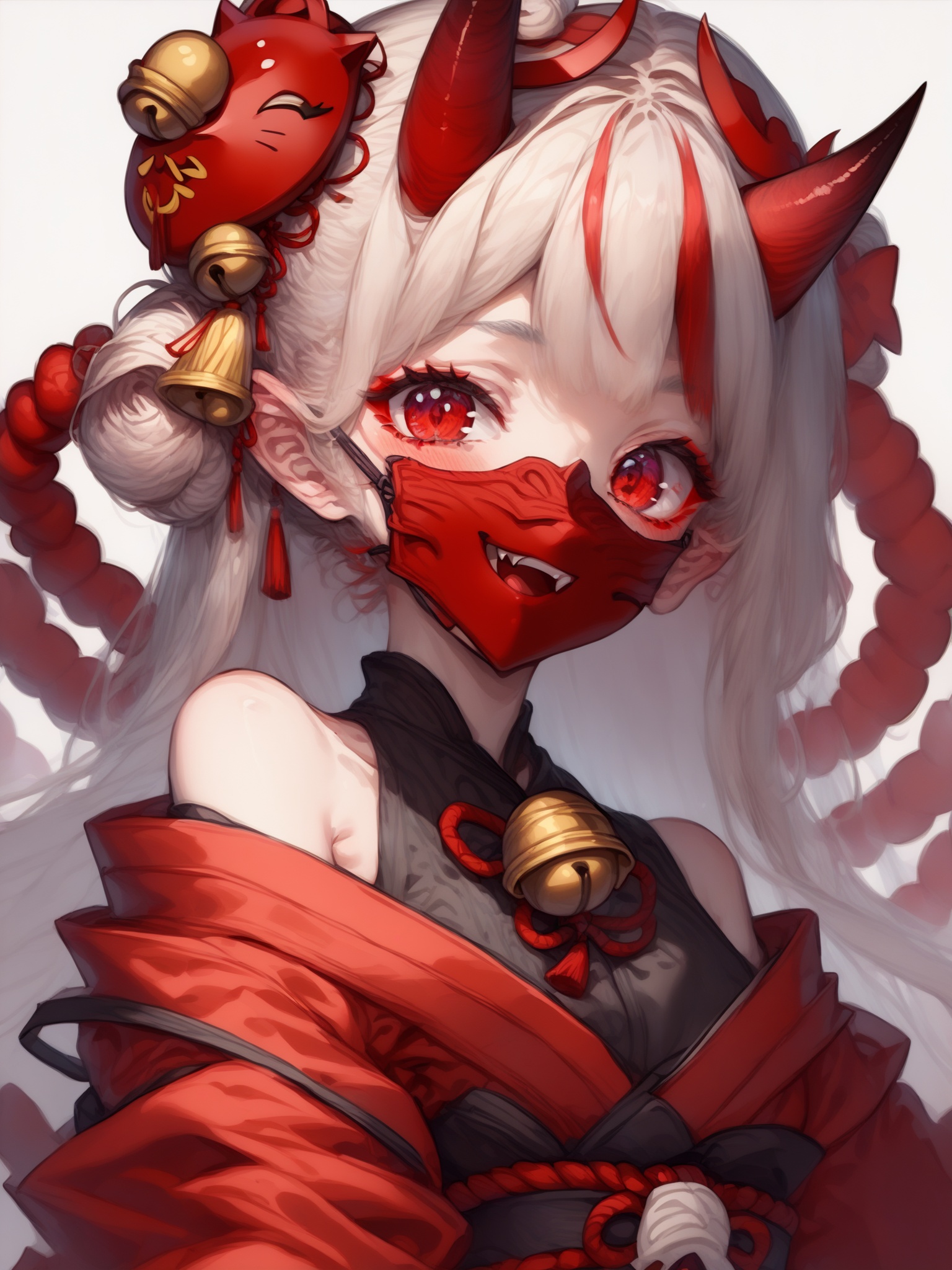 score_9, score_8_up, score_7_up, score_6_up,1girl, solo, bell, hair bell, virtual youtuber, nakiri ayame, long hair, horns, red eyes, hair ornament, double bun, hair bun, smile, mask, white hair, oni horns, oni mask, upper body, multicolored hair, blush, white background, open mouth, jingle bell, japanese clothes, mask on head, red hair, bare shoulders, kimono, simple background, streaked hair, holding, off shoulder, bangs, :d, tassel, oni, breasts, fang <lora:Asekkk pony re a:1>