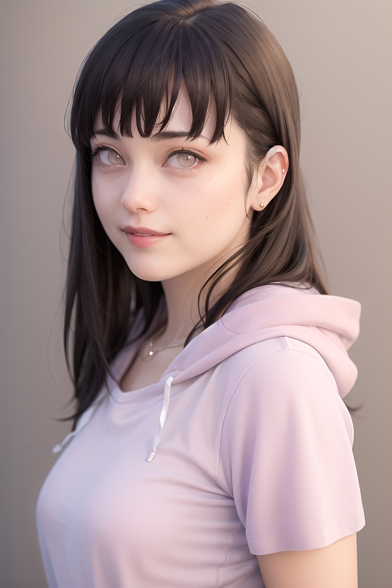 masterpiece, (photorealistic:1.4), best quality, beautiful lighting, HinataNS, solo, looking_at_viewer, smile, hood, simple_background, upper_body, collarbone, hoodie, shirt, border, pink_shirt, purple_background, from_side, RAW photo, 8k uhd, film grain <lora:HinataNS:1>