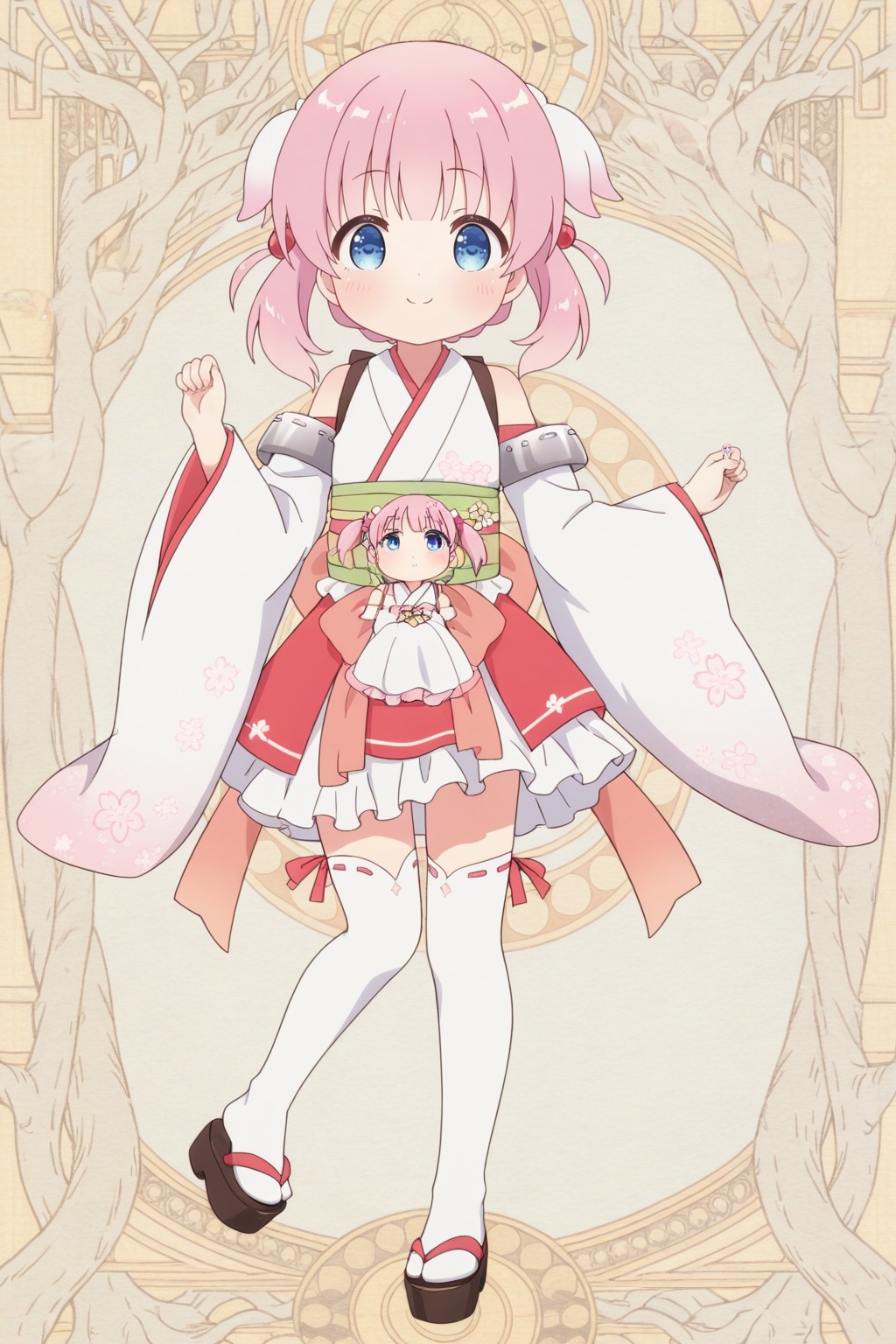 <lora:Haizakura_Ill_v10:0.8>,full body,Haizakura,little_girl,loli,kawaii,(child),blue eyes,short stature,pink hair,twintails,medium hair,hair ornament,japanese clothes,kimono,detached sleeves,bare shoulders,smile,white kimono,hair bobbles,