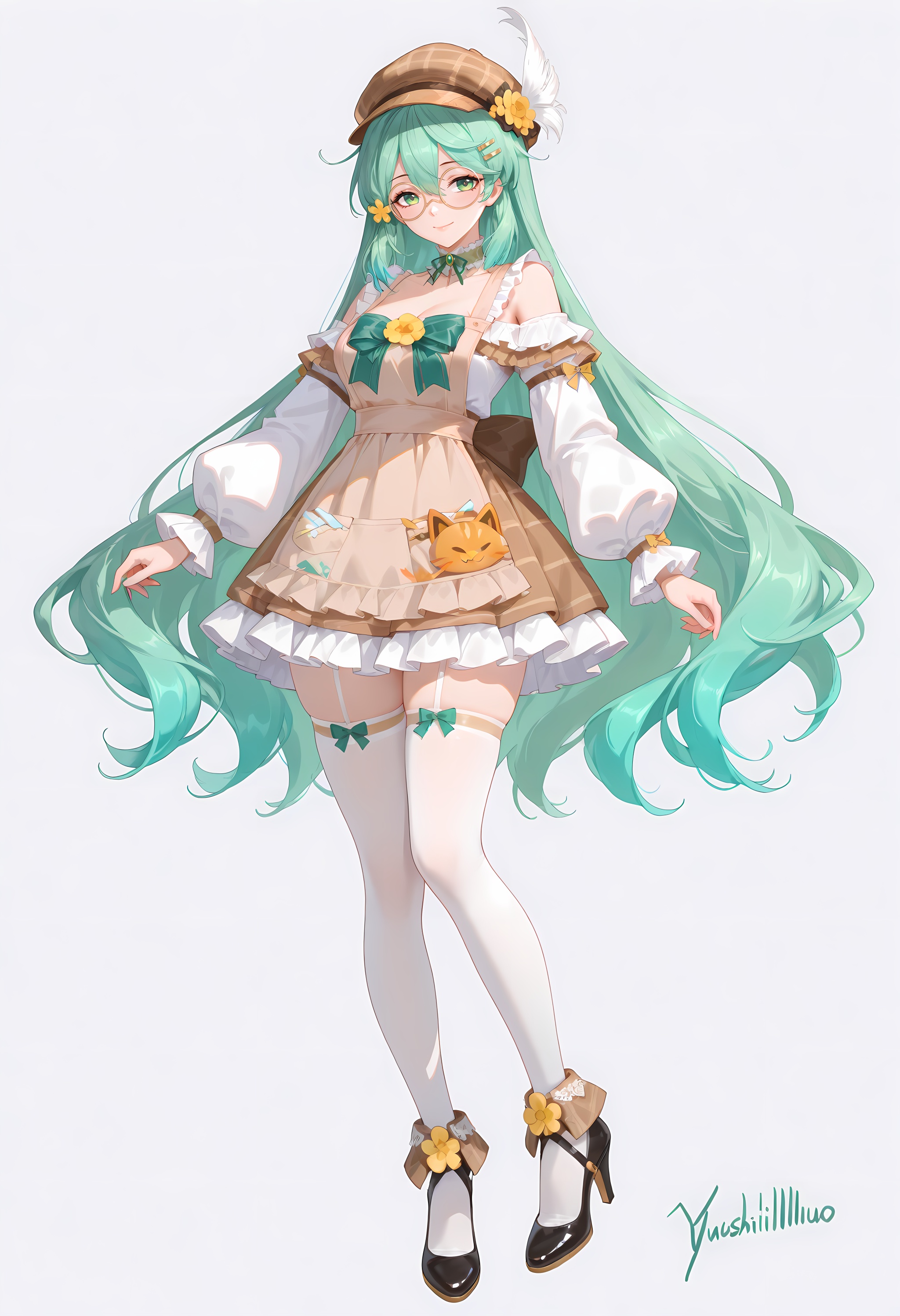 front view,((((full_body:1.4)))),(artist:kousaki rui:0.4),(artist:agm:0.6),(artist:arutera:0.6),masterpiece,hyper quality,amazing quality,absurdres,signature,(((((signature:yushililuo:1.5))))),solo,1girl,standing,simple background,white_background,eyeshadow,<lora:神曜灵绘·缪可:1>,miuke,1girl,long hair,bangs,hair ornament,hat,green eyes,flower,green hair,glasses,hairclip,hair flower,aqua hair,yellow flower,round eyewear,brown headwear,hat flower,monocle,plaid headwear,breasts,thighhighs,long sleeves,dress,bow,bare shoulders,very long hair,multicolored hair,frills,puffy sleeves,off shoulder,black footwear,apron,high heels,white thighhighs,gradient hair,detached collar,green bow,puffy long sleeves,round eyewear,brown headwear,choker,frilled choker,green choker,white shirt,detached sleeves,shoes,high heels,frilled sleeves,wreath anklet,smile,