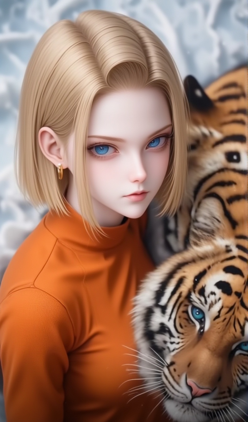 anime-style, 1girl, solo, blonde hair, pantyhose, blue eyes, breasts, looking at viewer, short hair, android 18， The image is a highly detailed digital artwork in a realistic style, featuring a young woman and a tiger. The woman has fair skin, striking blue eyes, and short, straight blonde hair that falls just above her shoulders. She is wearing a high-necked, orange turtleneck sweater that contrasts sharply with her fair skin. Her expression is calm and composed, with a slight hint of curiosity. She has a gold hoop earring in her left ear. The tiger, positioned on her right side, has a striking orange and black coat with vivid blue eyes, typical of a Bengal tiger. Its fur appears soft and slightly glossy, with a texture that suggests a realistic depiction. The tiger's head is partially visible, with its large, round eyes gazing directly at the viewer. The background is a blurred, snowy landscape, with a mix of white and grey tones that suggest a cold, wintry environment. The overall composition of the image creates a striking juxtaposition between the serene and composed human subject and the wild and powerful tiger. The artwork captures the interplay of light and shadow, enhancing the realism and emotional depth of the scene.   <lora:118号:1>