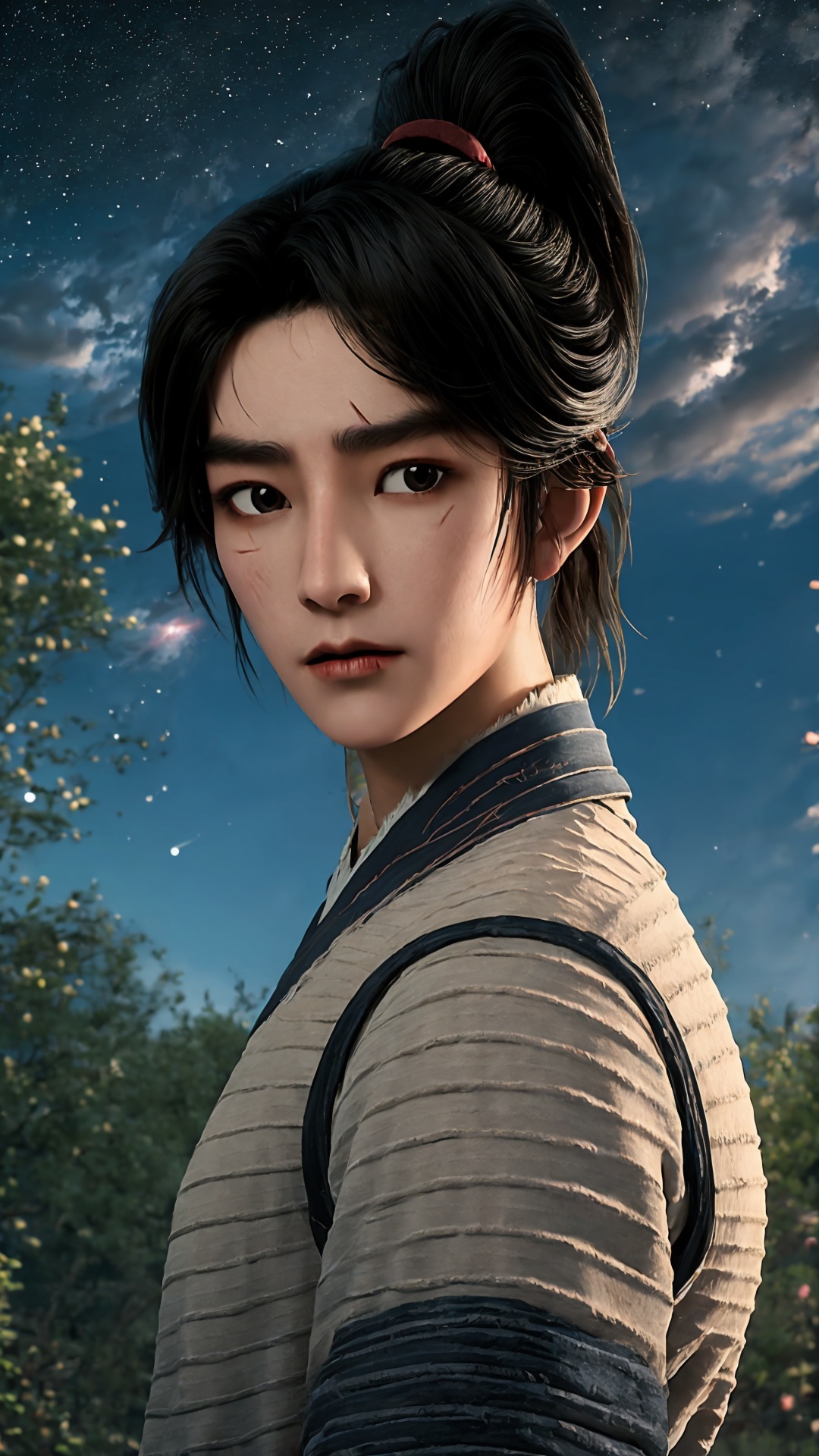 solo,black hair,looking at viewer,realistic,black eyes,lips,closed mouth,scar,short hair,ponytail,day,<lora:Chenpingan Boy_20240906021908:0.8>,1boy,<lora:20240601-1717253745719:0.7>,old,ponytail,<lora:hanfu_20231118200453:0.7>,upper_body,the top of the hill,starry sky,cumulus_fractus,