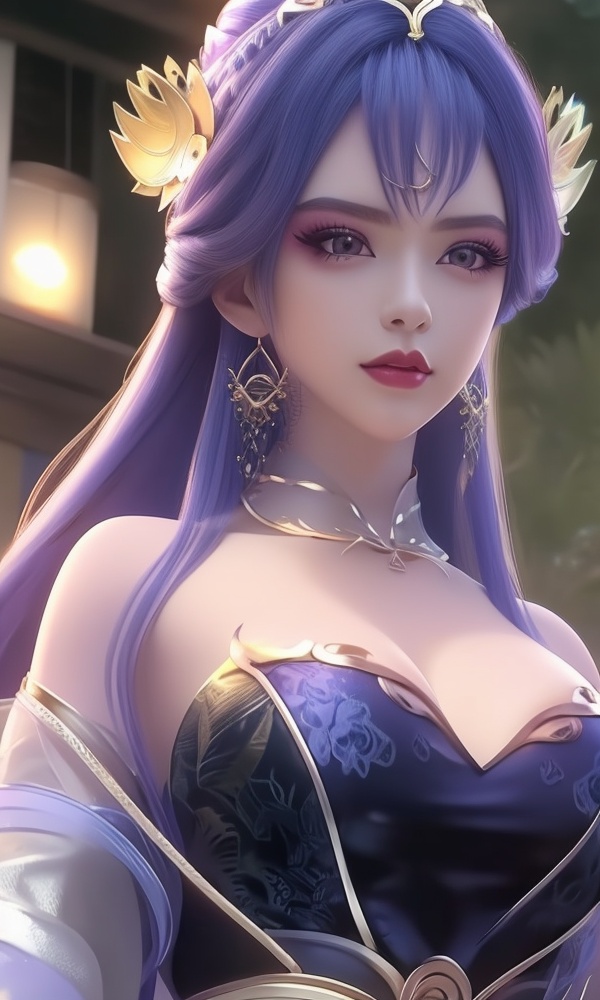 (,1girl, ,best quality, ),looking at viewer, <lora:388-DA-百炼成神-天穹-云洛-黑化:0.8> ,ultra detailed background,ultra detailed background,ultra realistic 8k cg,, ,masterpiece, (( , )),, ,tamari \(flawless\),     ,  orange blossoms,  (()), (), ,, 1girl, purple_hair, solo, breasts, earrings, jewelry, hair_ornament, long_hair, , cleavage,  large breasts, lips, looking_at_viewer, makeup,full body, 