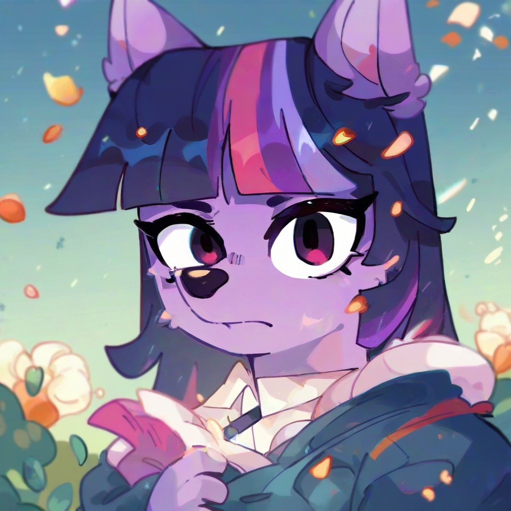 safe_pos, score_9, score_8_up, score_7_up, score_6_up, score_5_up, score_4_up, source_furry, hi res, blurred background, particles, solo, Twilight Sparkle, looking at viewer, closed mouth, Bluey style