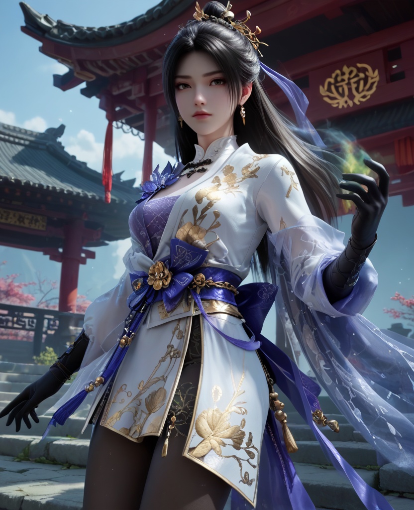 (oriental architecture, elegant decor, sophisticated style:1.1),(dynamic jump:1.1),(breasts:1.2),<lora:XL32顾清寒冰雁:0.95>,miss guqinghan,white dress,purple lingerie,sash,black hair,long hair,hair ornament,black gloves,black pantyhose,fart curtain,, score_9,score_8_up,score_7_up,score_6_up,score_5_up,score_4_up,3d rendering,tag1,tag2, Cinematic Lighting,backlighting,