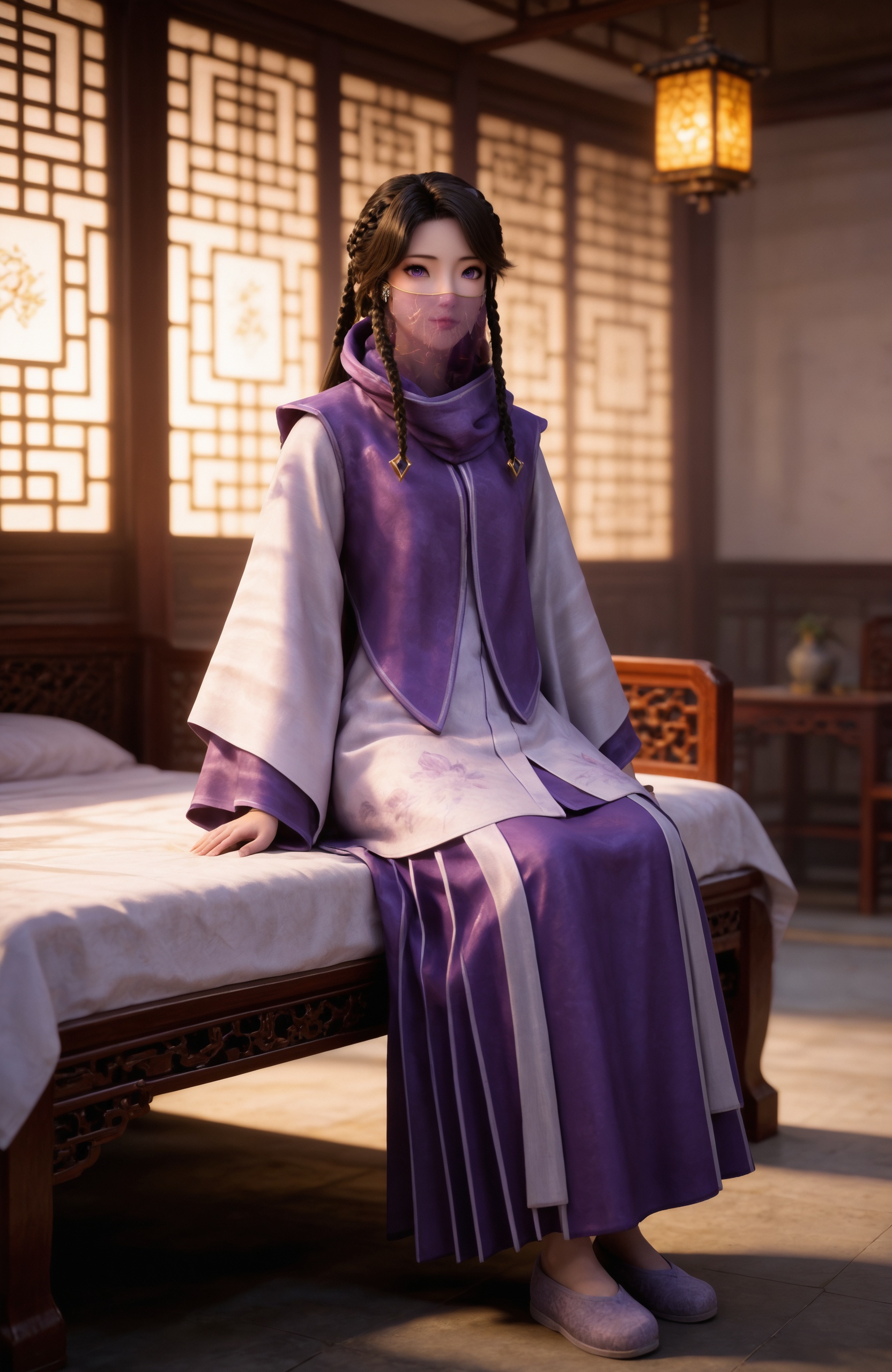 <lora:凡人修仙传-汪凝Pony:0.8> 1girl, long hair, black hair, braid, twin braids, multiple braids, purple eyes, dress, chinese clothes,long sleeves, wide sleeves,veil, mouth veil,shoes,, realistic style photo,outstanding style,adding a touch of dimension to your images without compromising details,whirls of vapor,(Anime:1.1),ethereal ambiance,delicate details,magical atmosphere,concept art,highly detailed,ultra-high resolution,32K UHD,sharp focus,best-quality,masterpiece,golden hour,unconventional supreme masterpiece,masterful details,temperate atmosphere,with a high-end texture,in the style of fashion photography,magazine style,Dynamic Angle,Dynamic posture,magazine style,Dynamic Angle,Dynamic posture,(cowboy_shot:1.2),eye trail,depth of field,cinematic lighting,lens flare,extreme aesthetic,(wlop:0.6),(honjou raita,lack,rella,wanke:0.5),masterpiece,best quality,good quality,newest,year 2025,very aesthetic,absurdres,Visual impact,A shot with tension,ultra-high resolution,32K UHD,sharp focus,best-quality,masterpiece,Emotionalization,unconventional supreme masterpiece,masterful details,temperate atmosphere,with a high-end texture,in the style of fashion photography,(Visual impact:1.2),giving the poster a dynamic and visually striking appearance,, 1girl,solo,sitting,window,frills,indoors,closed_mouth,looking at viewer,chinese architecture,lantern,Tables,stool,bedroom,cup,bed,upper body,